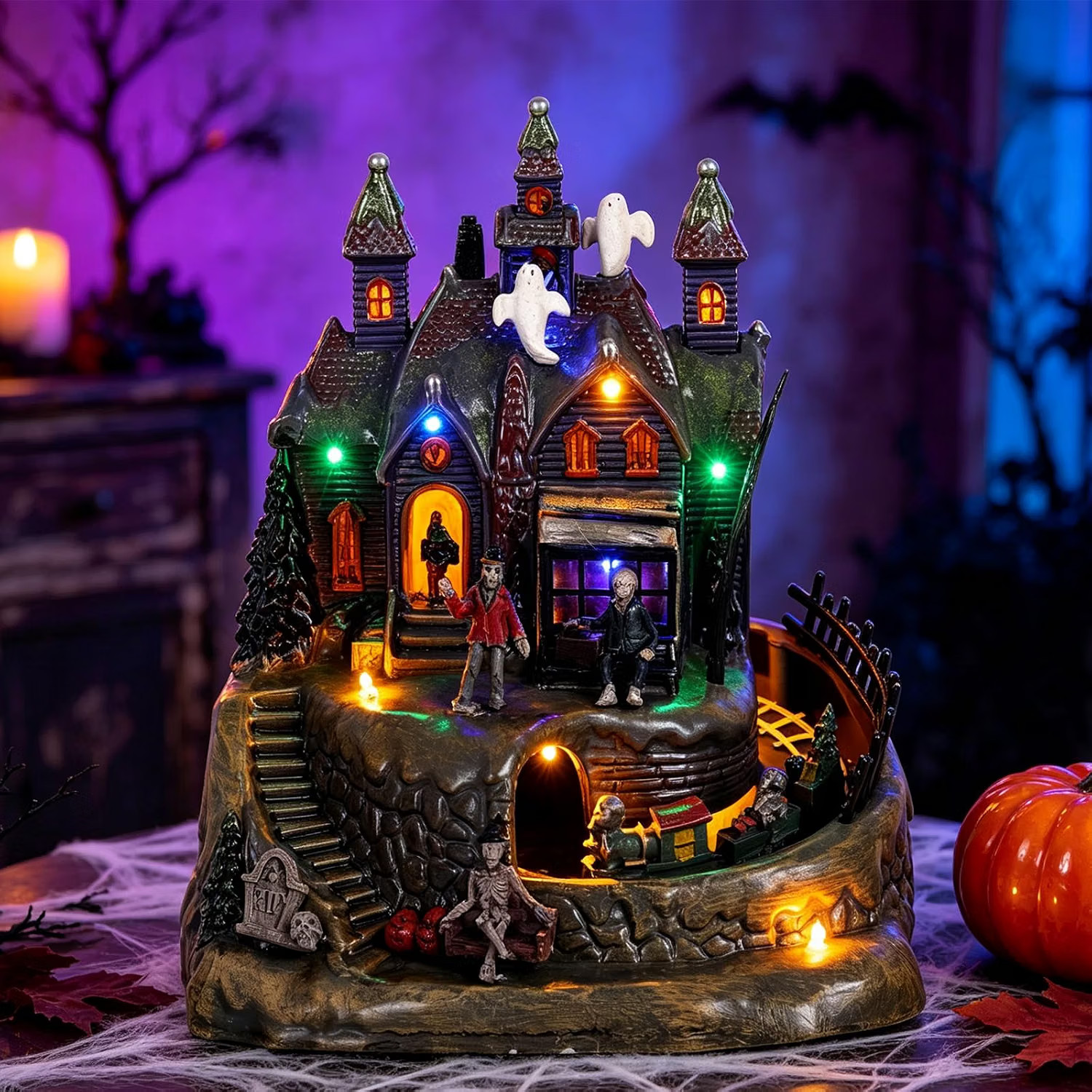 Haunted Halloween Village House with Animated Train, Sound, Light Lighted