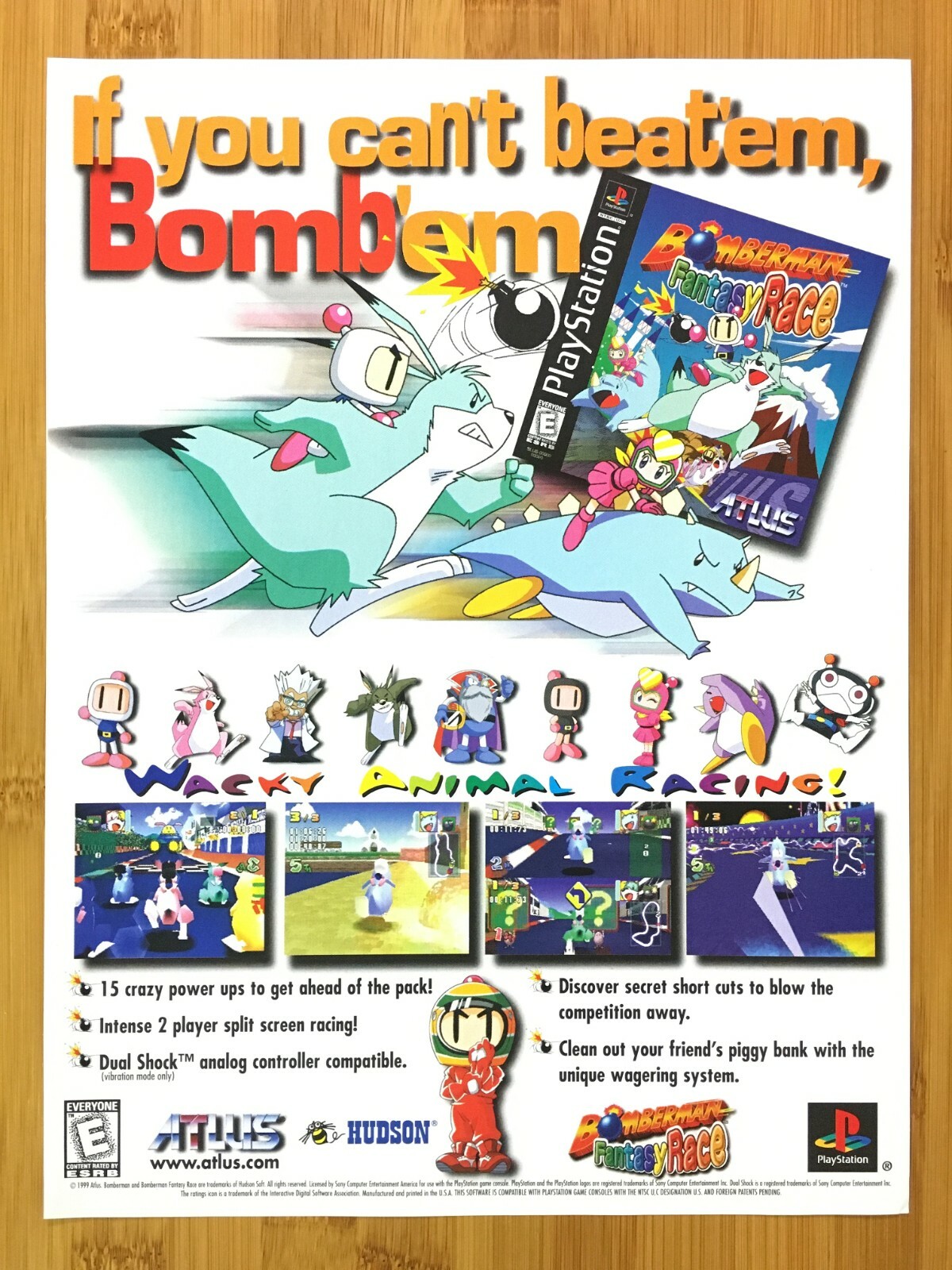 Bomberman Fantasy Race PS1 1999 Vintage Print Ad/Poster Official ATLUS Promo Art