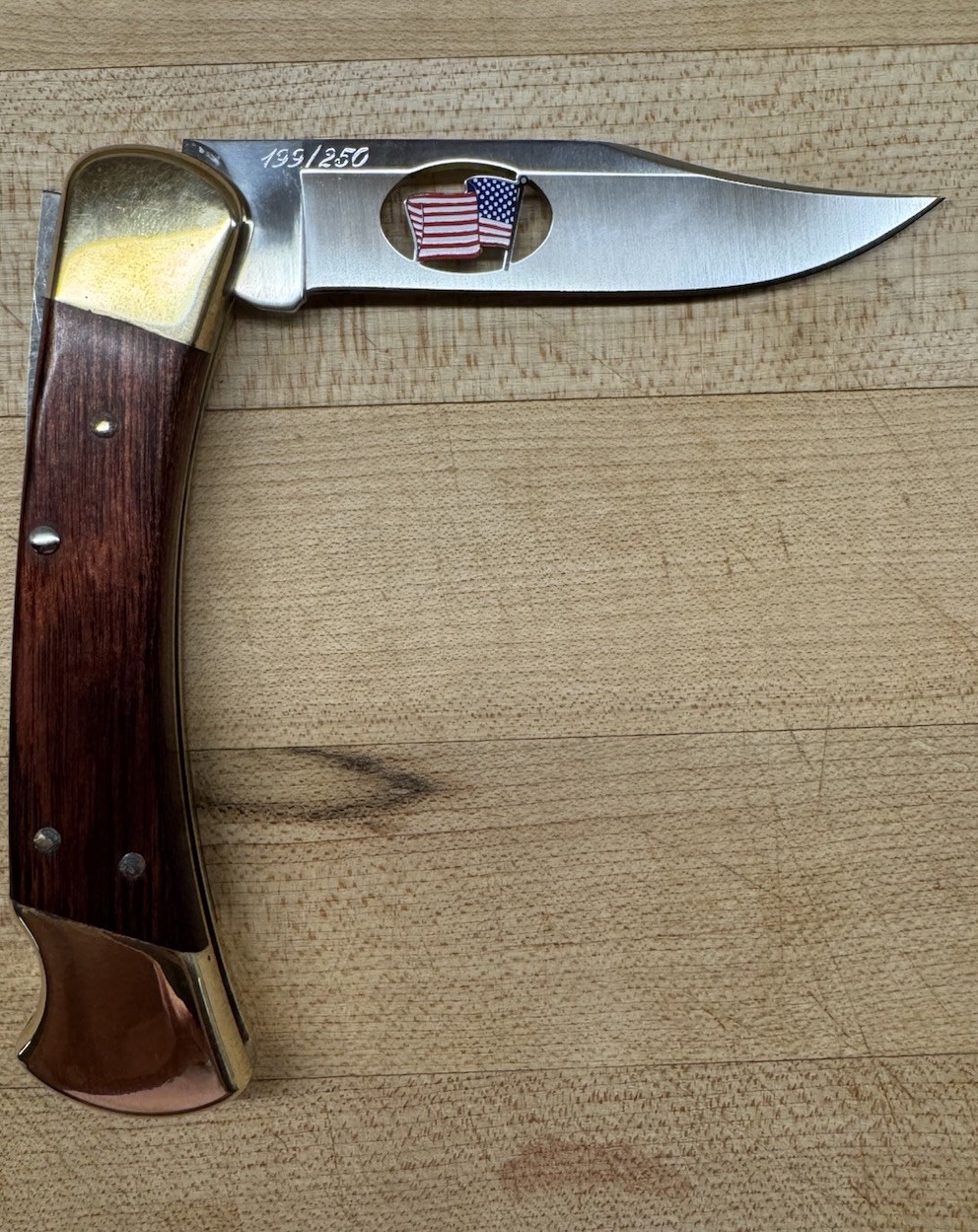 RARE BUCK 110 AMERICAN FLAG CUTOUT KNIFE NEVER USED 199/250