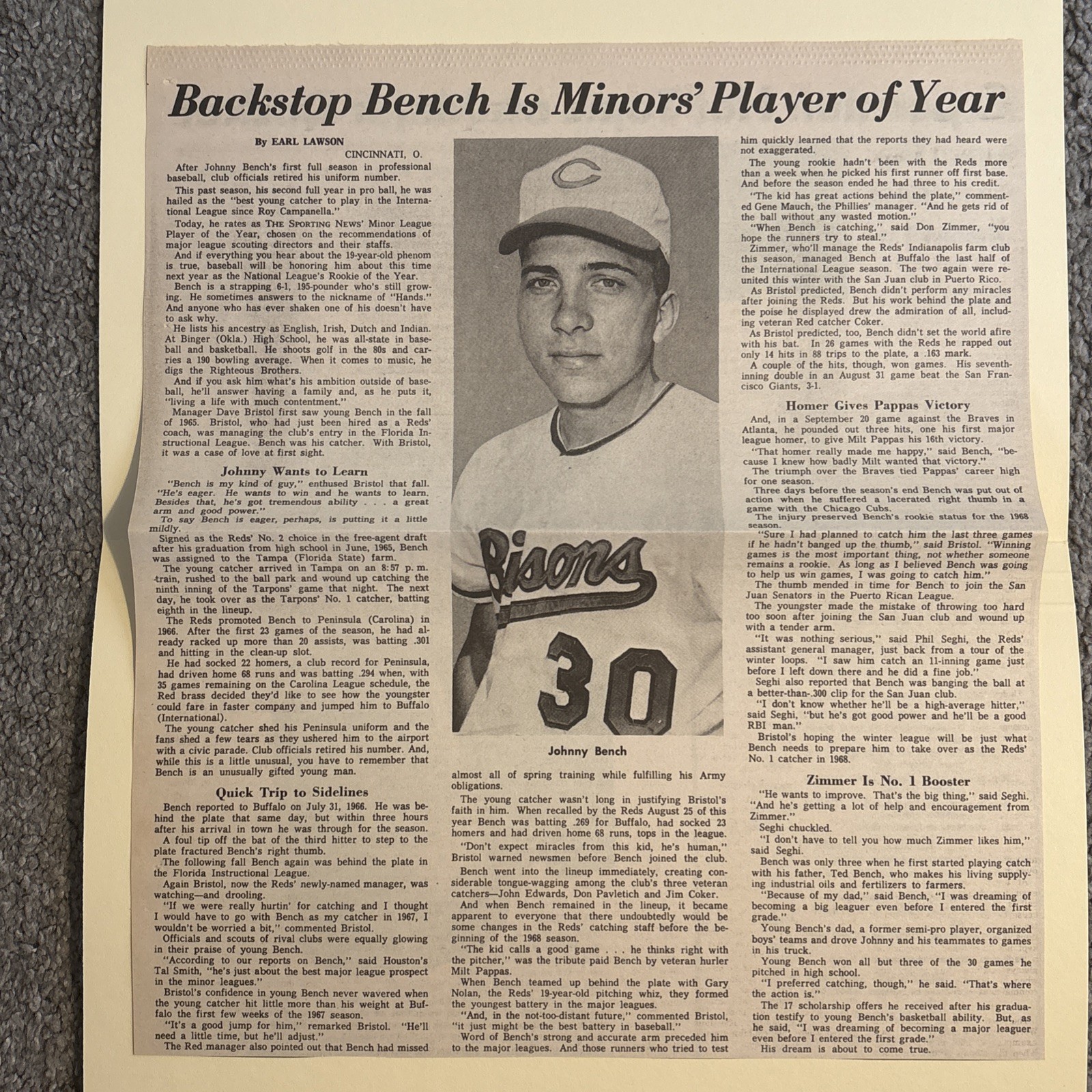 Johnny Bench Buffalo Bisons Reds POY 1967 Sporting News Baseball 11X12 Panel