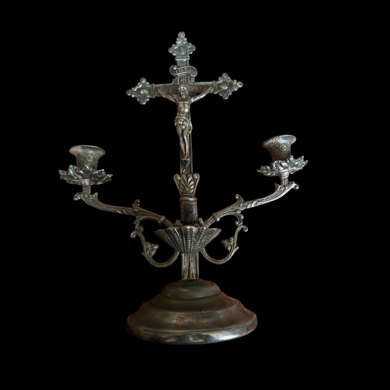 Antique 1896 Homan Silverplate Company sick call crucifix, Holy Water Candelabra