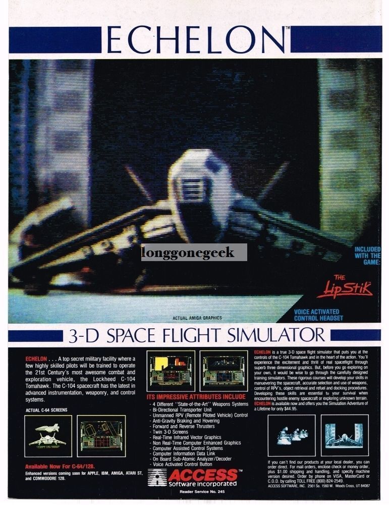 1988 Access Echelon 3-D Space Flight Simulator Commodore 64 128 Vintage Print Ad