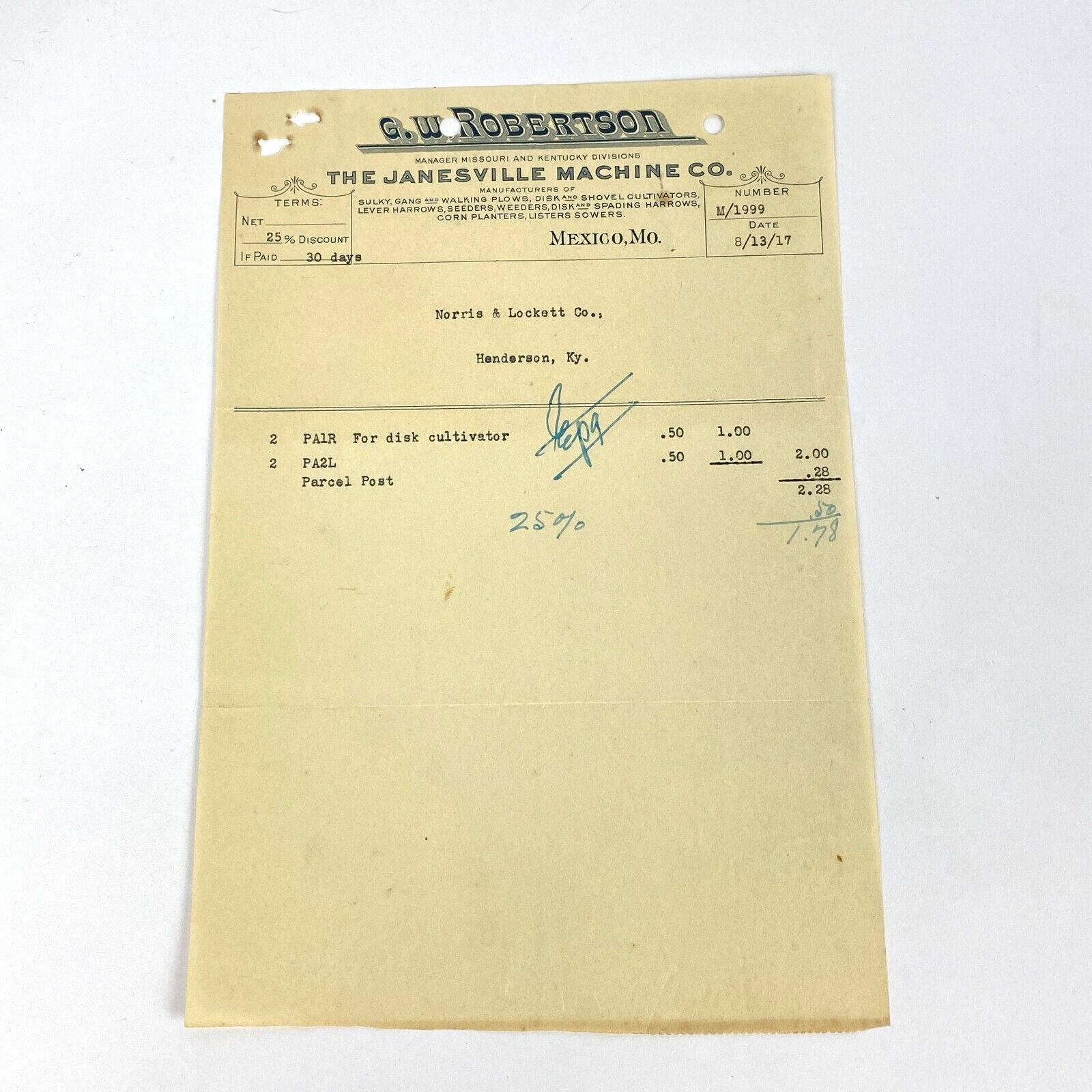 1917 Receipt The Janesville Machine Co Disc Cultivator Mexico MO Vintage