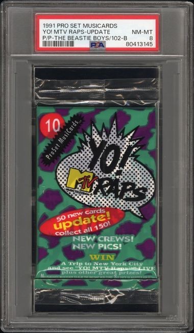 1991 Yo MTV Raps Unopened Pack Beastie Boys ROOKIE card showing PSA 8 POP 2