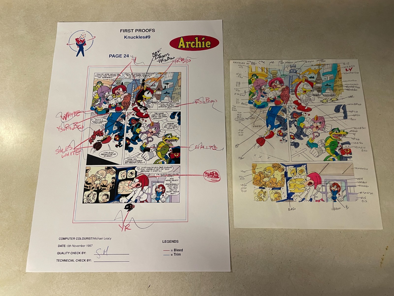 Sonic the Hedgehog KNUCKLES #9 ART original PROOF and COLOR GUIDE Dimitri VECTOR