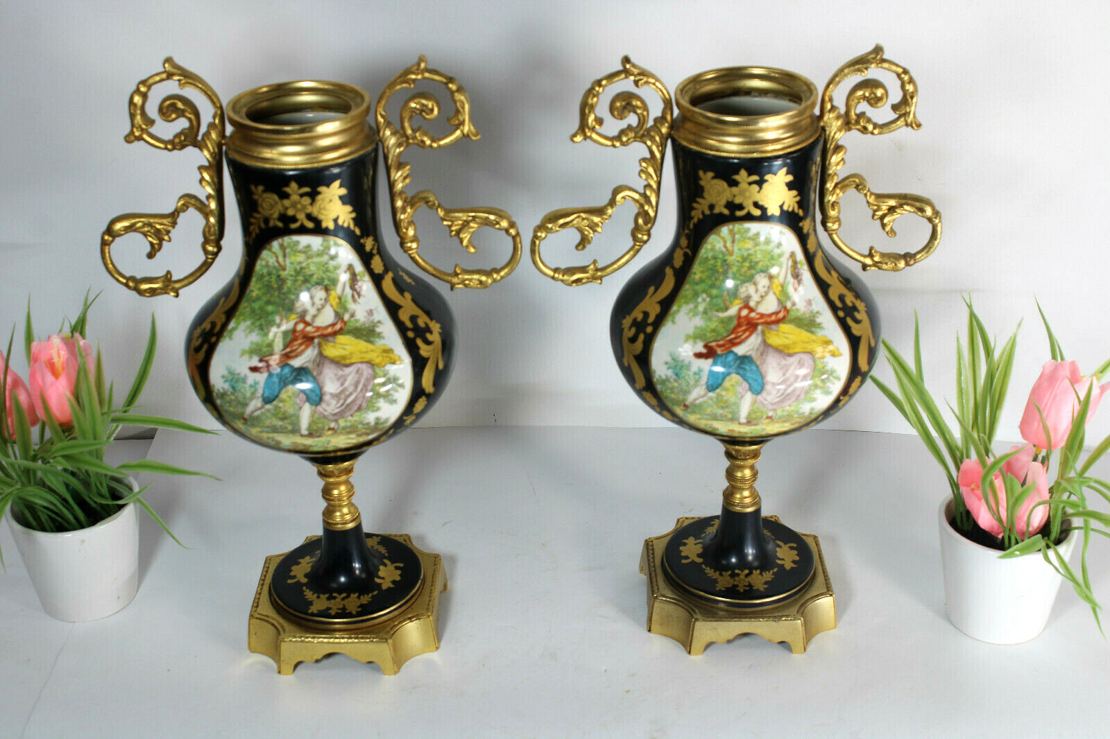 PAIR  cobalt blue limoges decor  porcelain Vases romantic decors