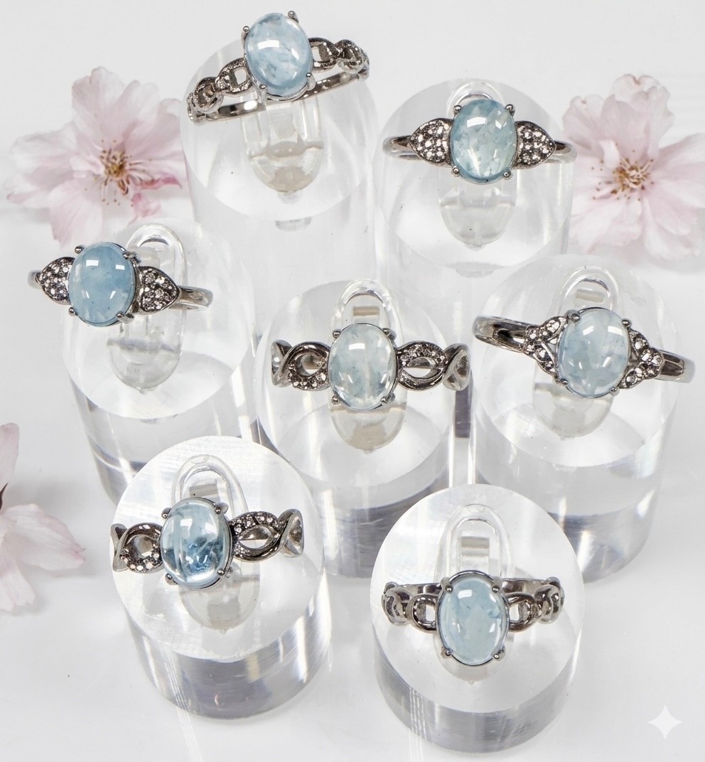 Wholesale Lot 7 Pcs Natural Aquamarine Stainless Steel Rings Crystal Healing