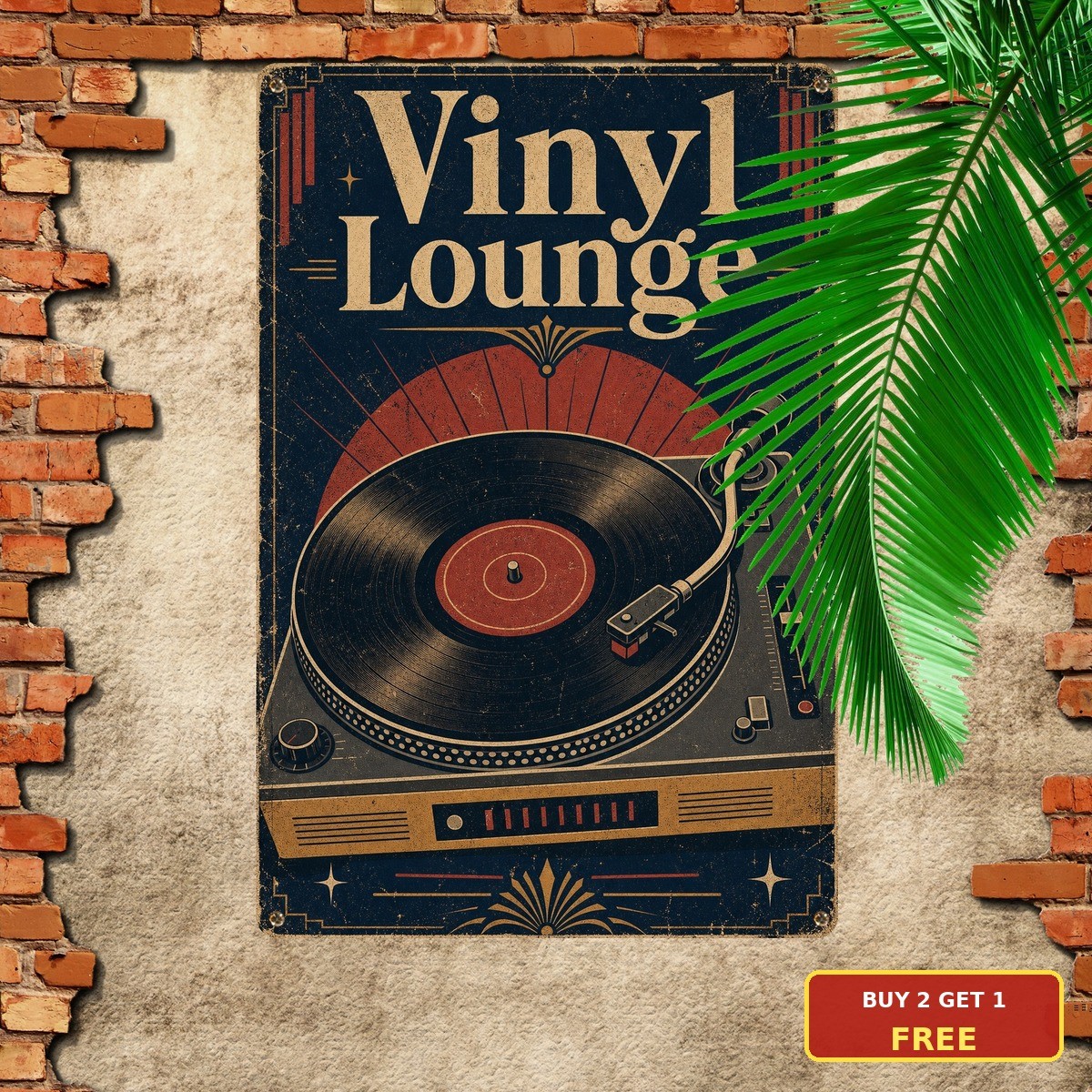 Turntable Illustration Distressed Border Vinyl Music Retro Metal Plaque