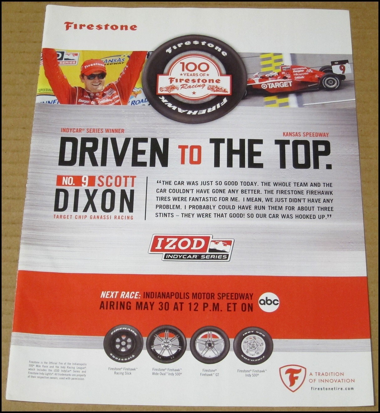 2010 Scott Dixon Firestone Tires Print Ad Advertisement IndyCar Series Izod VTG