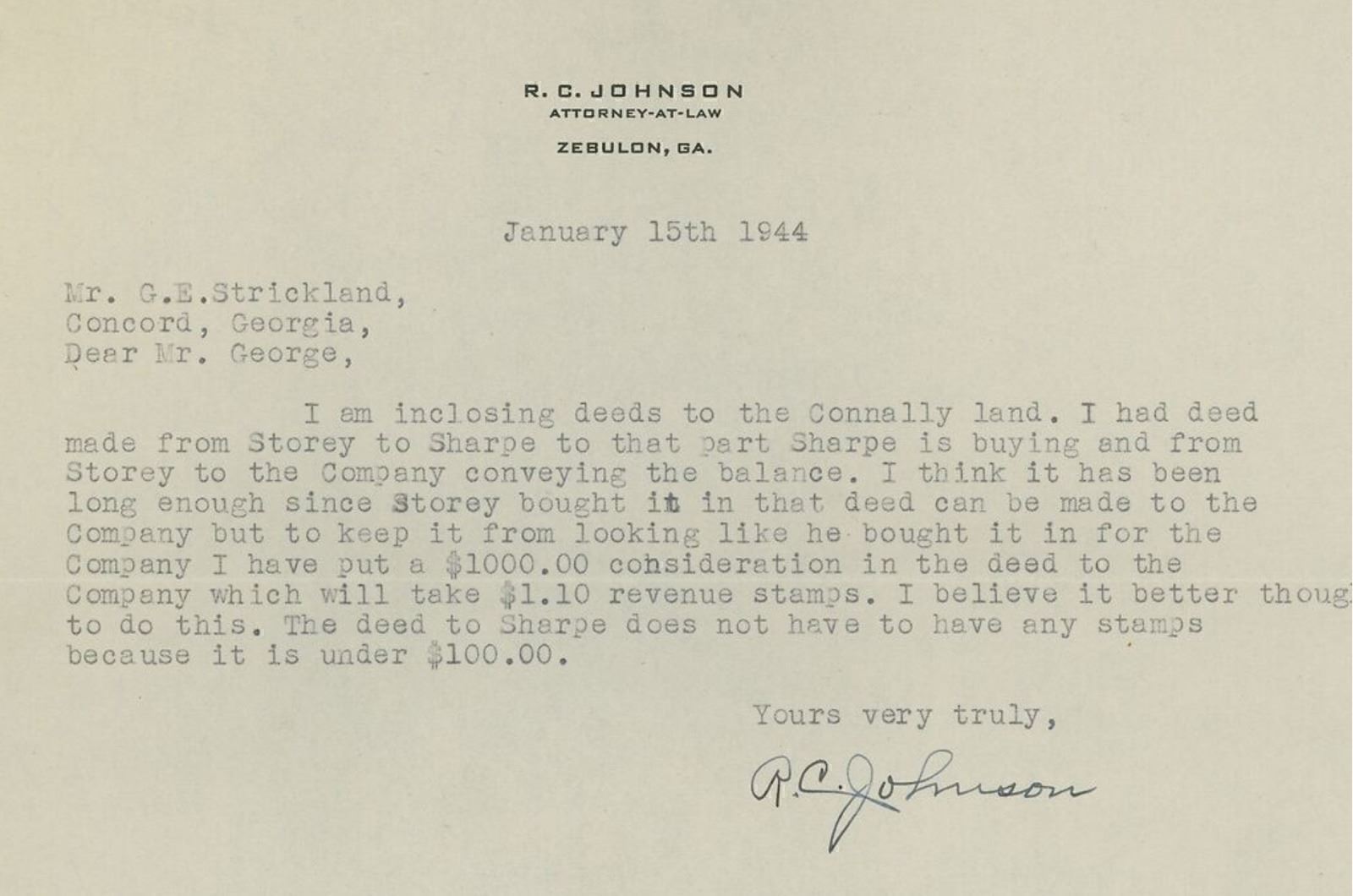 1944 Attorney Letter R.C. Johnson Zebulon, GA Connaly Land Purchase 392