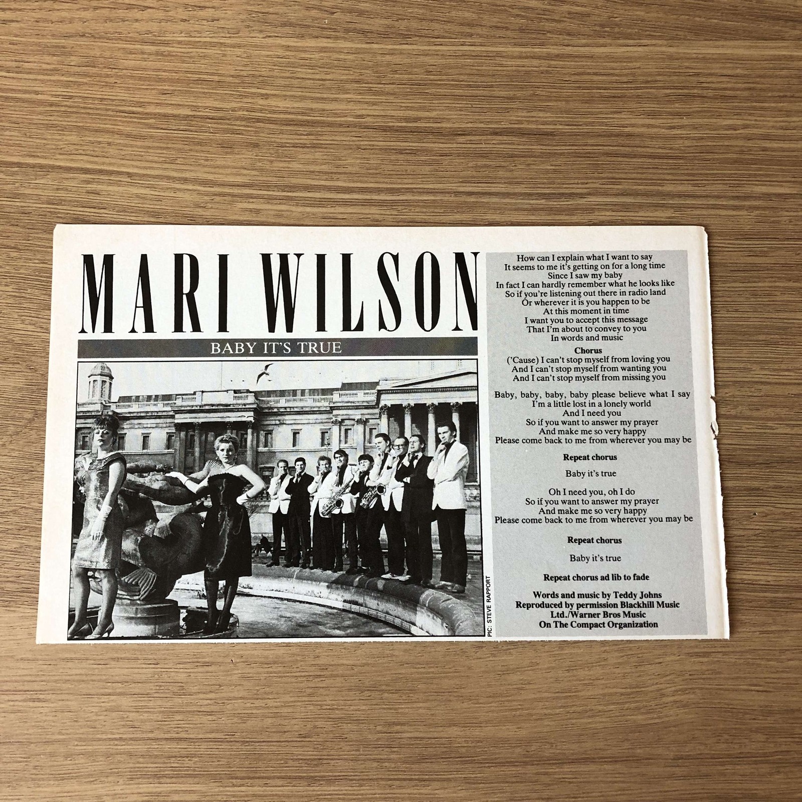 MUSIC29 MAGAZINE ADVERT 5X8 MARI WILSON BABY IT'S TRUE LYRICS