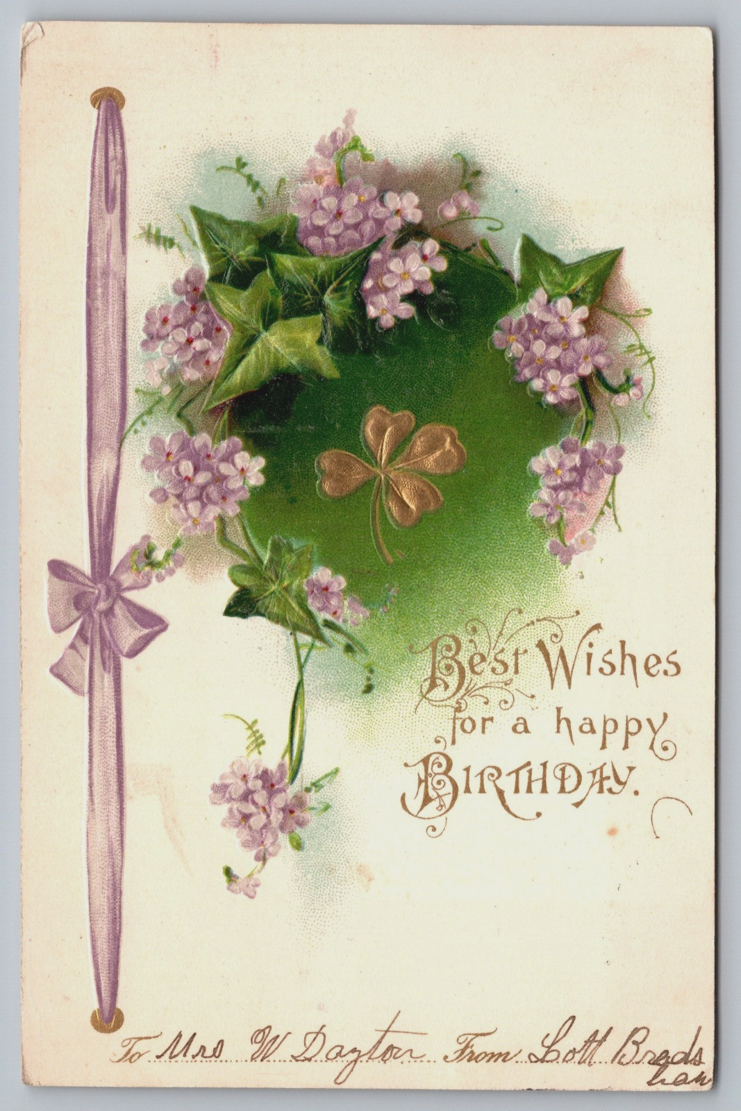 Vintage Postcard, 1908, Best Wishes, Happy Birthday, Clover