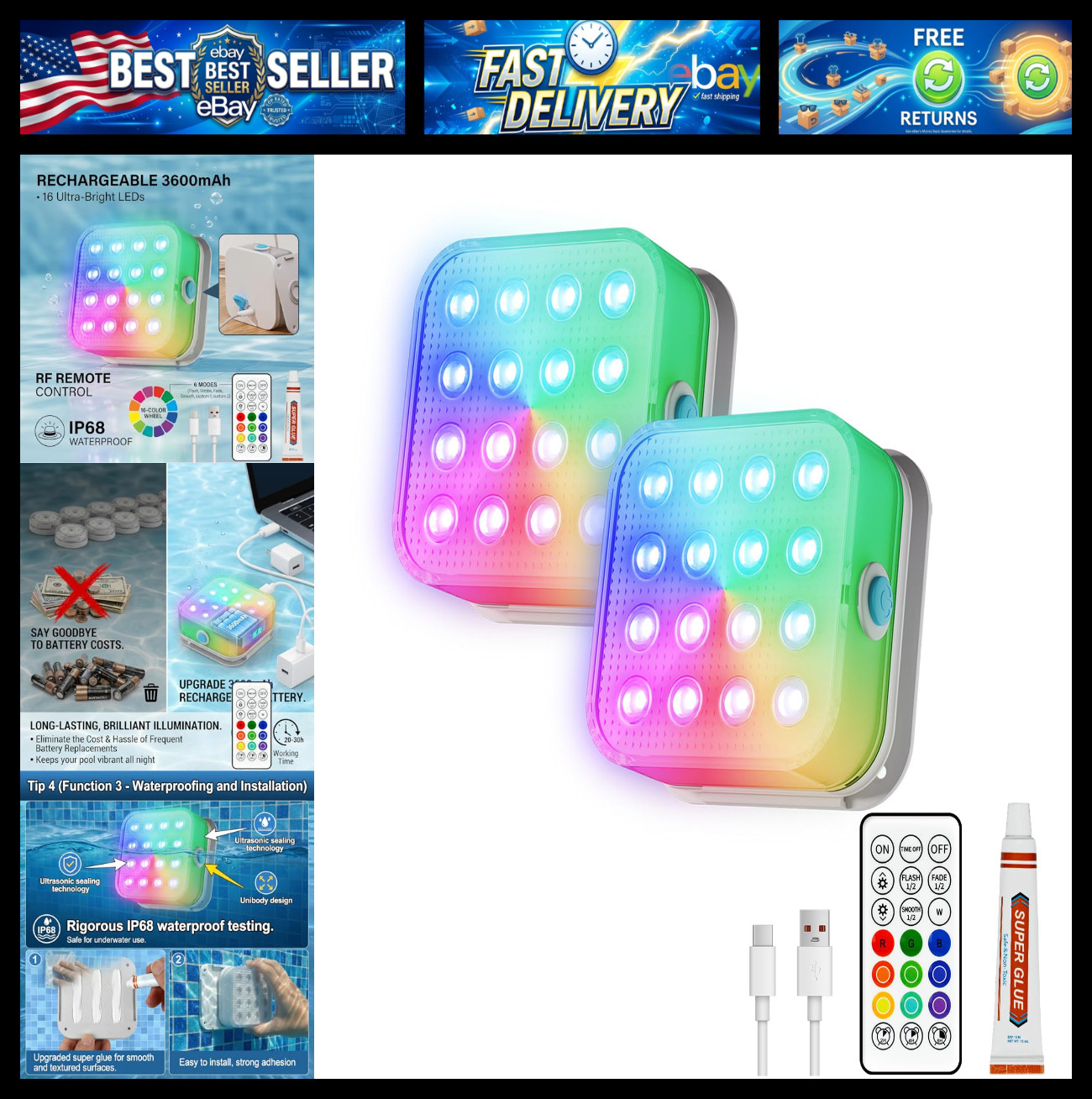 Rechargeable Submersible LED Lights, Waterproof Pool Lights for Above Ground/Ing