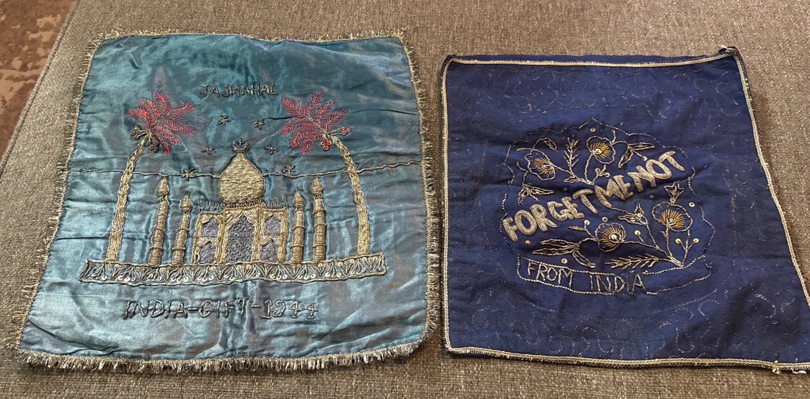 WWII 1944 India Bullion Embroidered Souvenir Textiles Taj Mahal Pair
