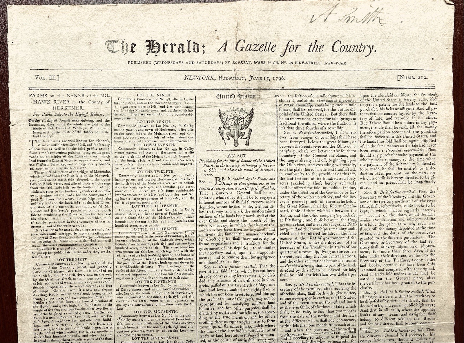 1796 NY Newspaper Geo Washington Opens lands In NW Territory