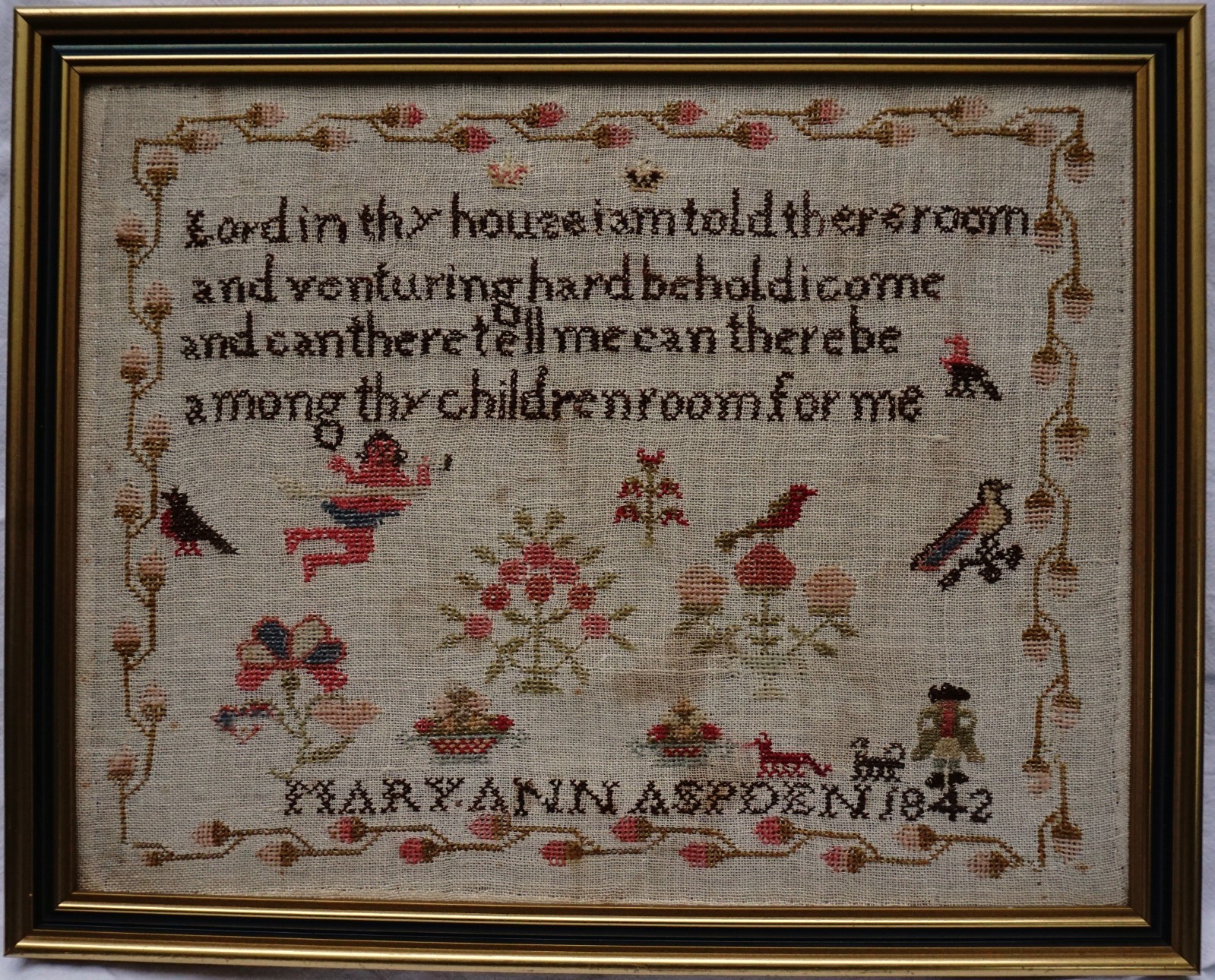 SMALL EARLY/MID  19TH CENTURY MOTIF & VERSE SAMPLER BY MARY ANN ASPDEN - 1842