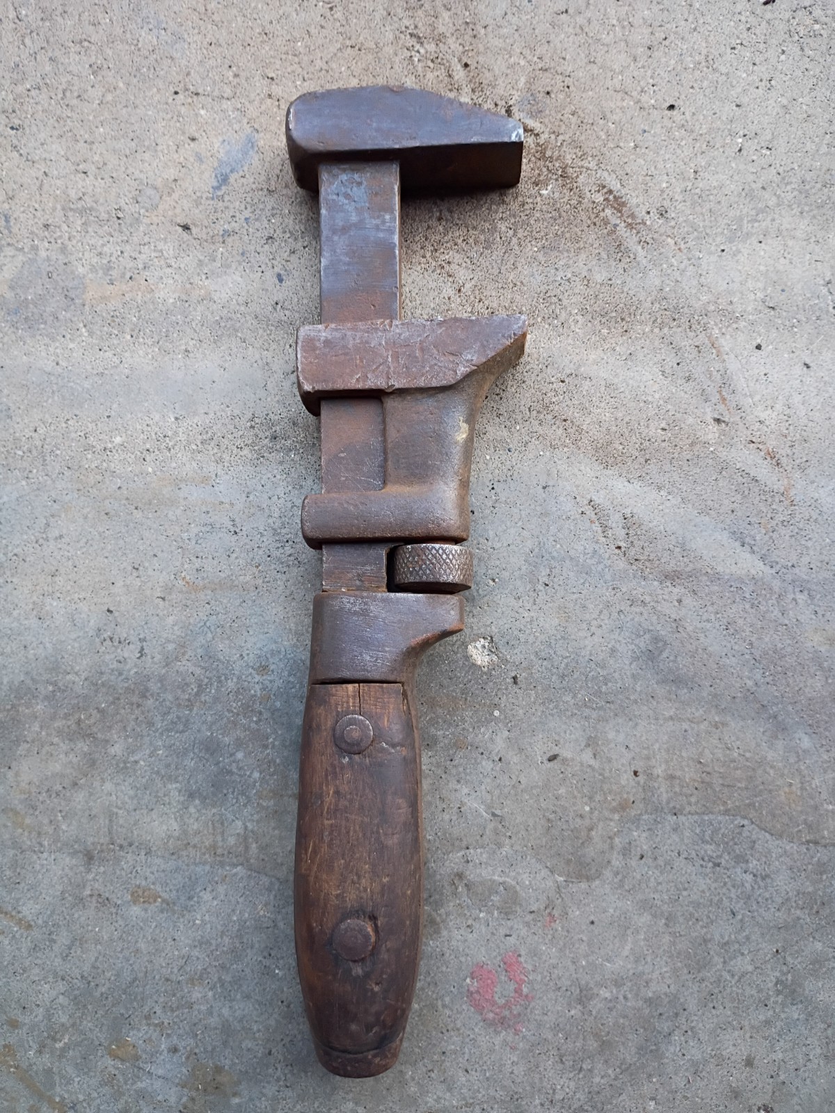 Antique Vintage Adjustable Pipe Monkey Wrench 10.125”  Wood Handle