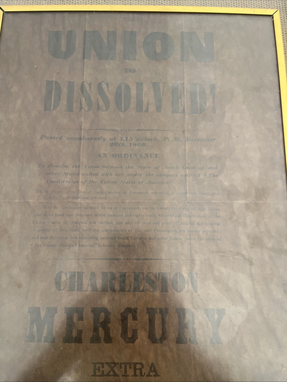 Framed Charleston Mercury Extra Newspaper Front Page Civil War  antique 