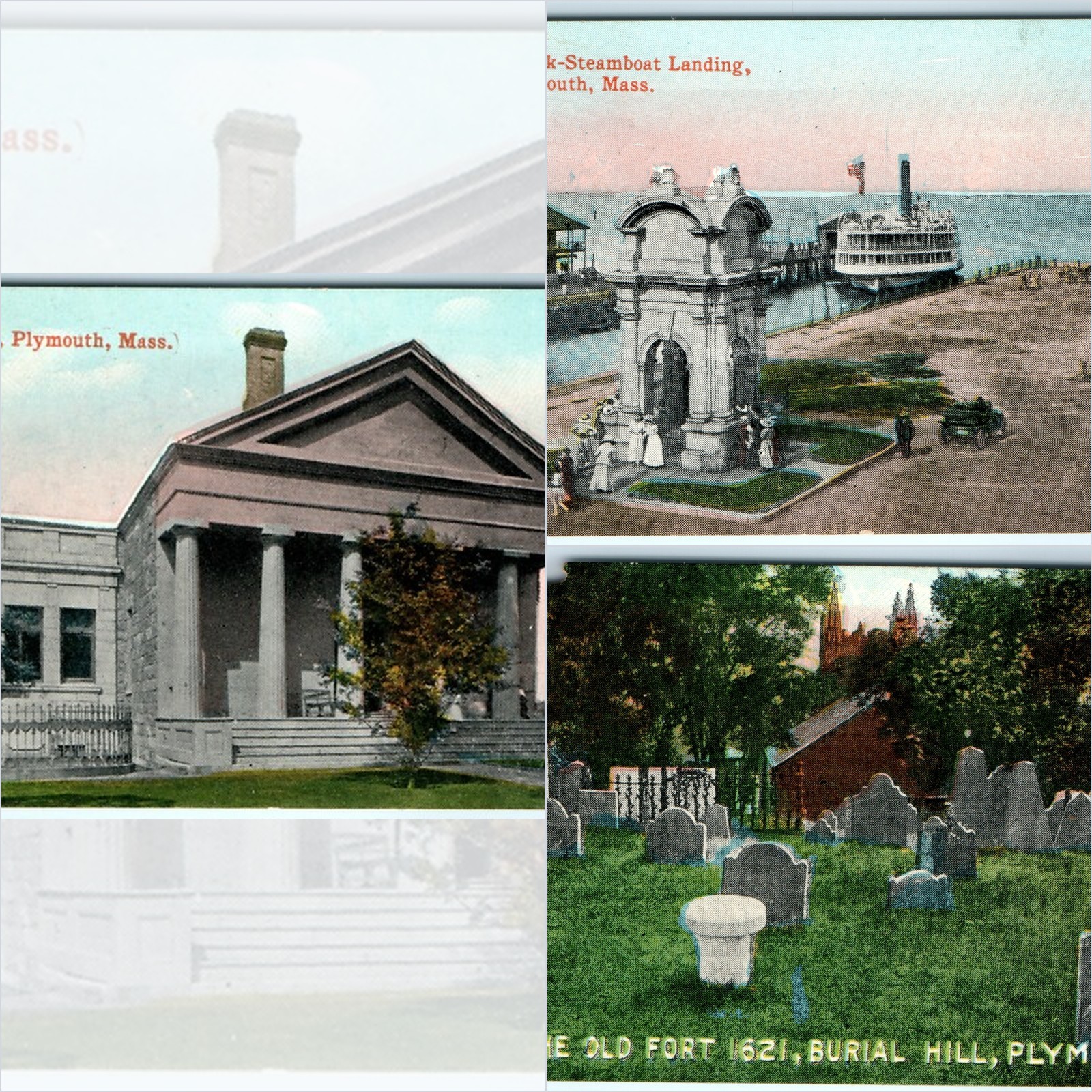 x3 LOT c1910s Plymouth, MA Pilgrim Hall Steamboat Landing Cemetery Postcards