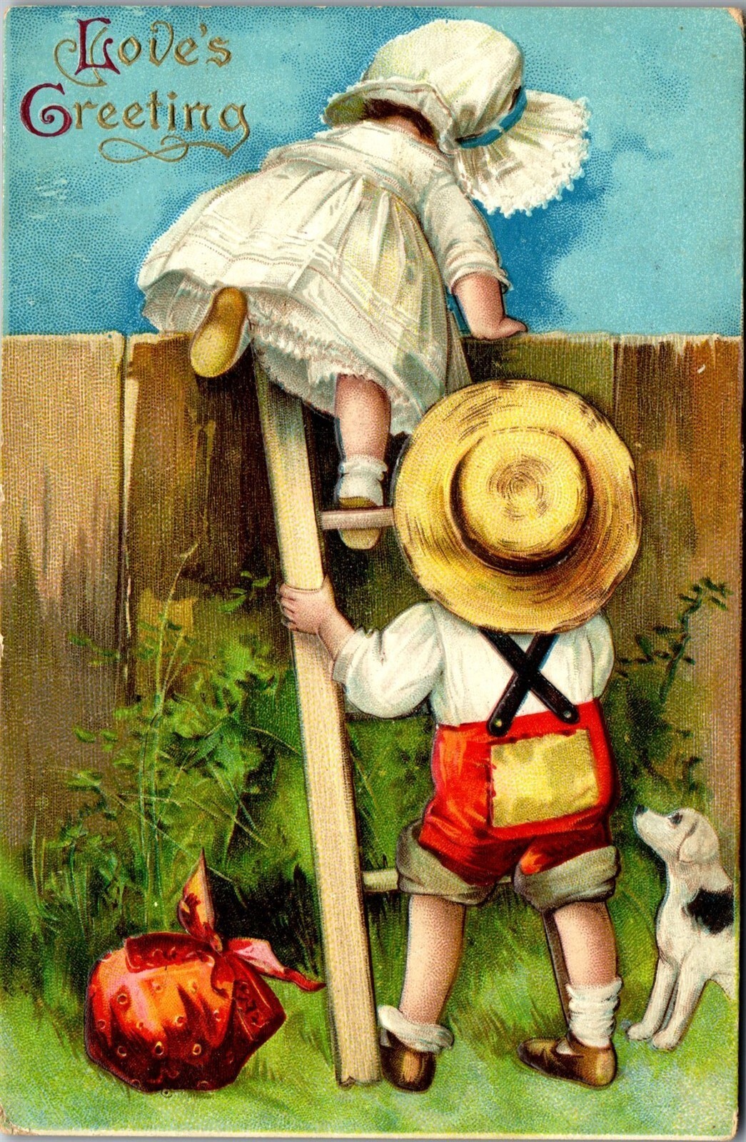 Vintage Postcard Love's Greetings Children Climbing a Fence Unsigned Clapsaddle 