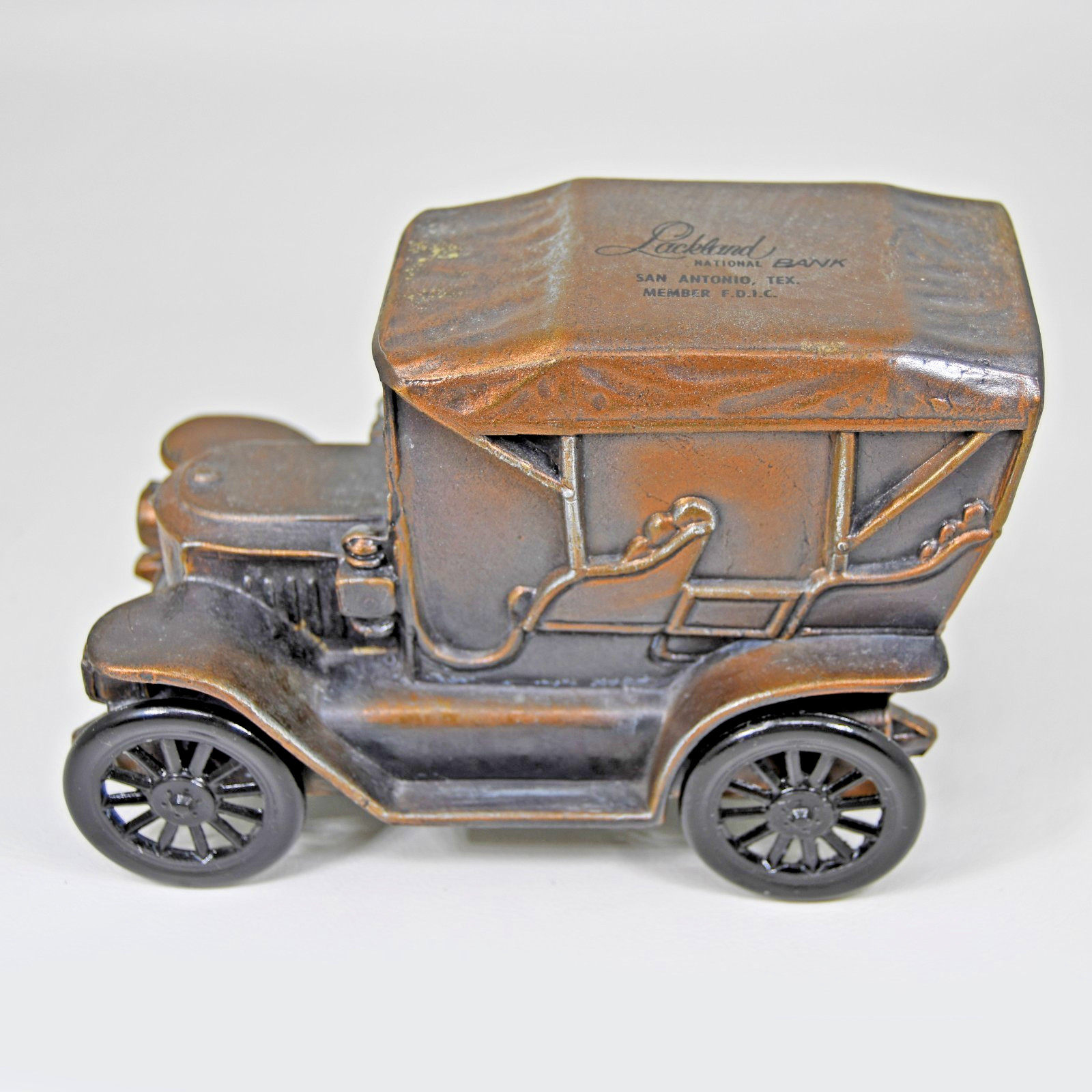 VTG 1970s Banthrico DieCast Metal Car Coin Bank 1910 Stanley Lackland SanAntonio
