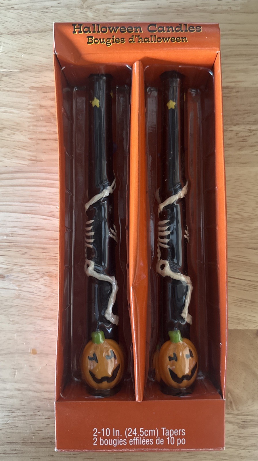 Vintage Halloween Black Taper Candle. 10-in. Orange Pumpkin Skeleton