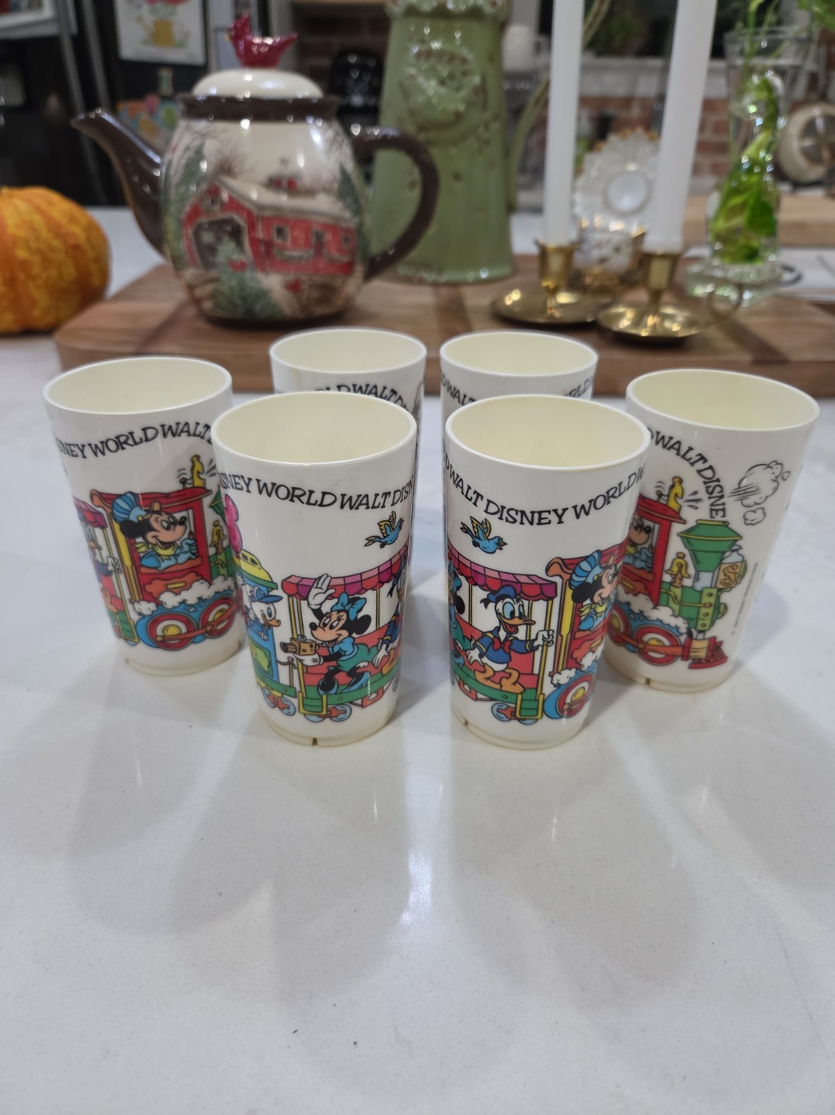 Vintage Set of 6 1970s Walt Disney World Deka Plastic Train Cup Mickey Donald 