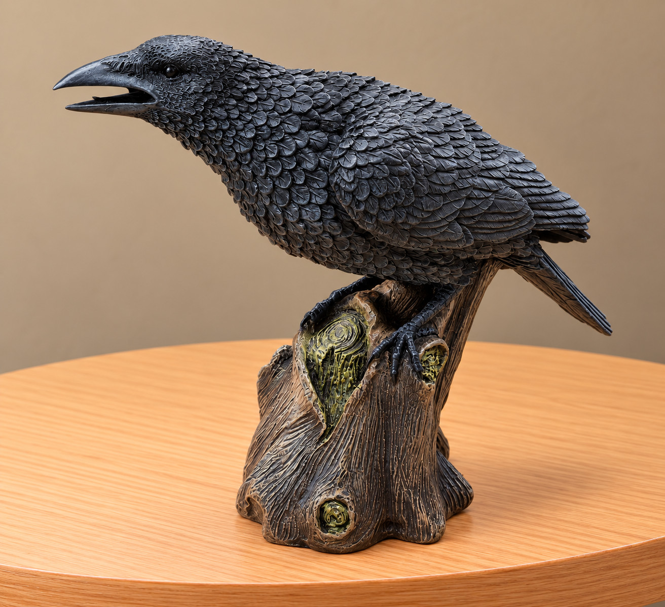 Large Raven Crow Figurine Perched on Tree Stump Gothic Resin Bird Statue