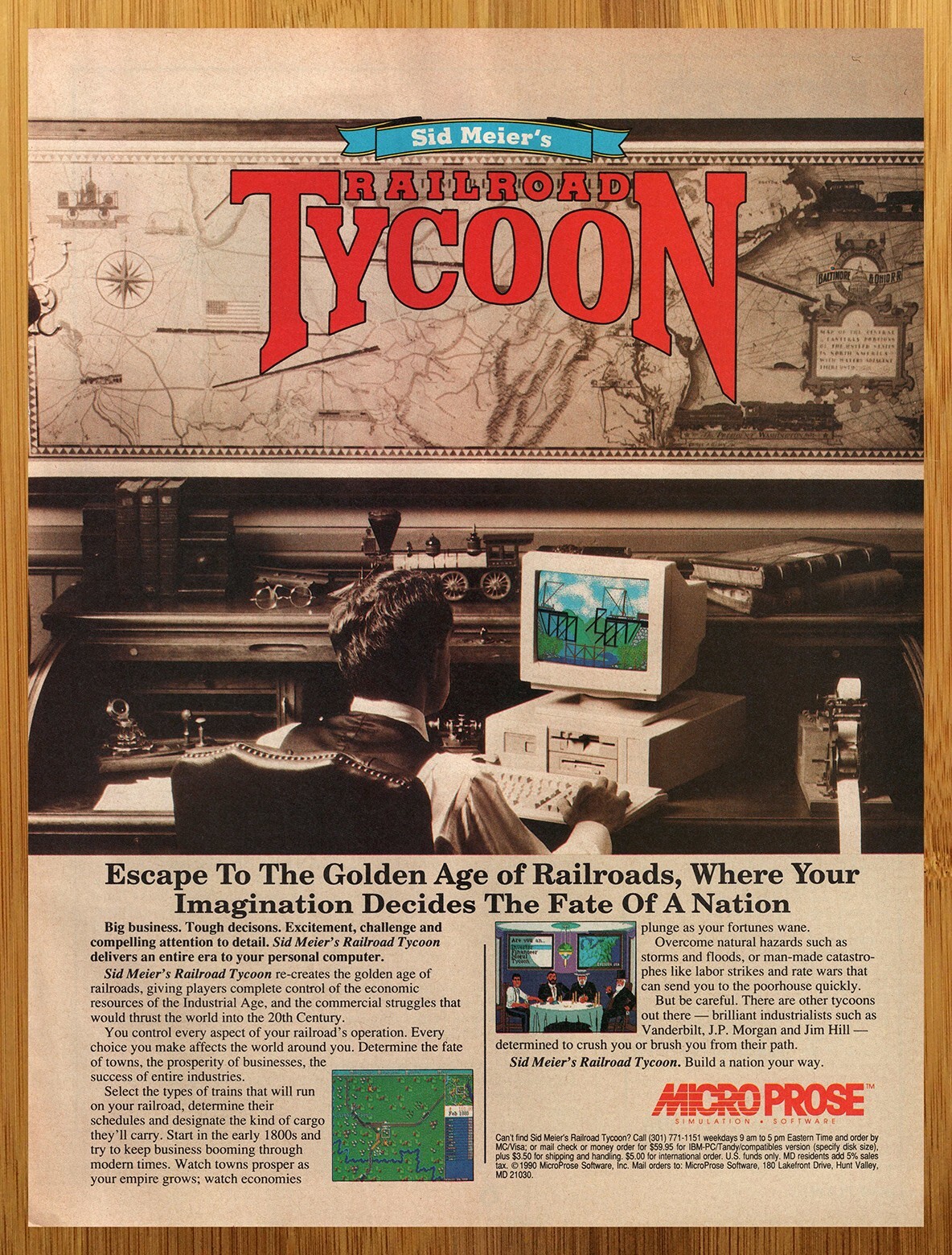 1991 Railroad Tycoon PC Vintage Print Ad/Poster Train Computer Game Wall Art 90s