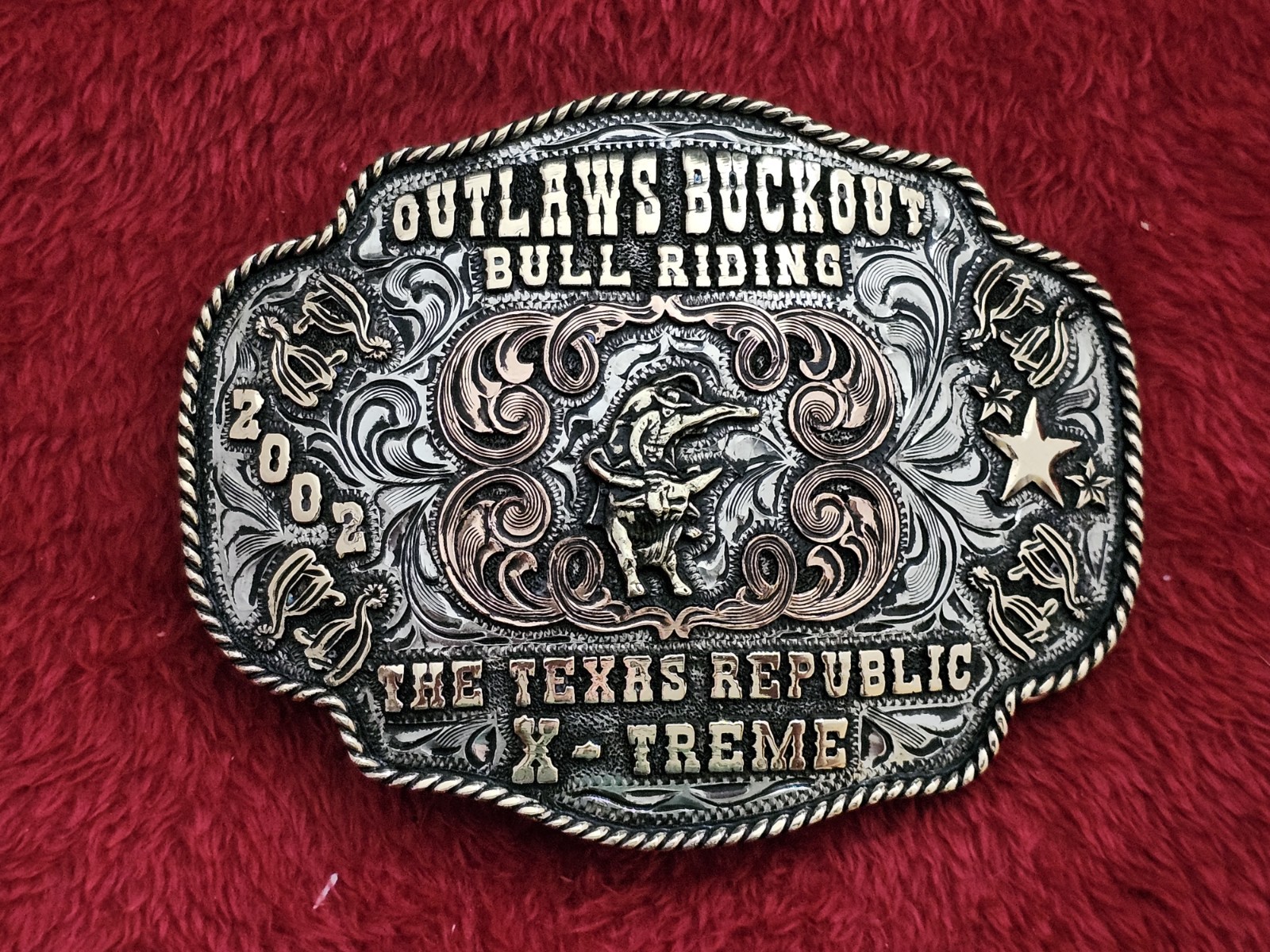 Bull Riding RODEO☆X~TREME☆2002☆CHAMPION TROPHY BUCKLE☆Republic Of Texas☆Rare☆W04