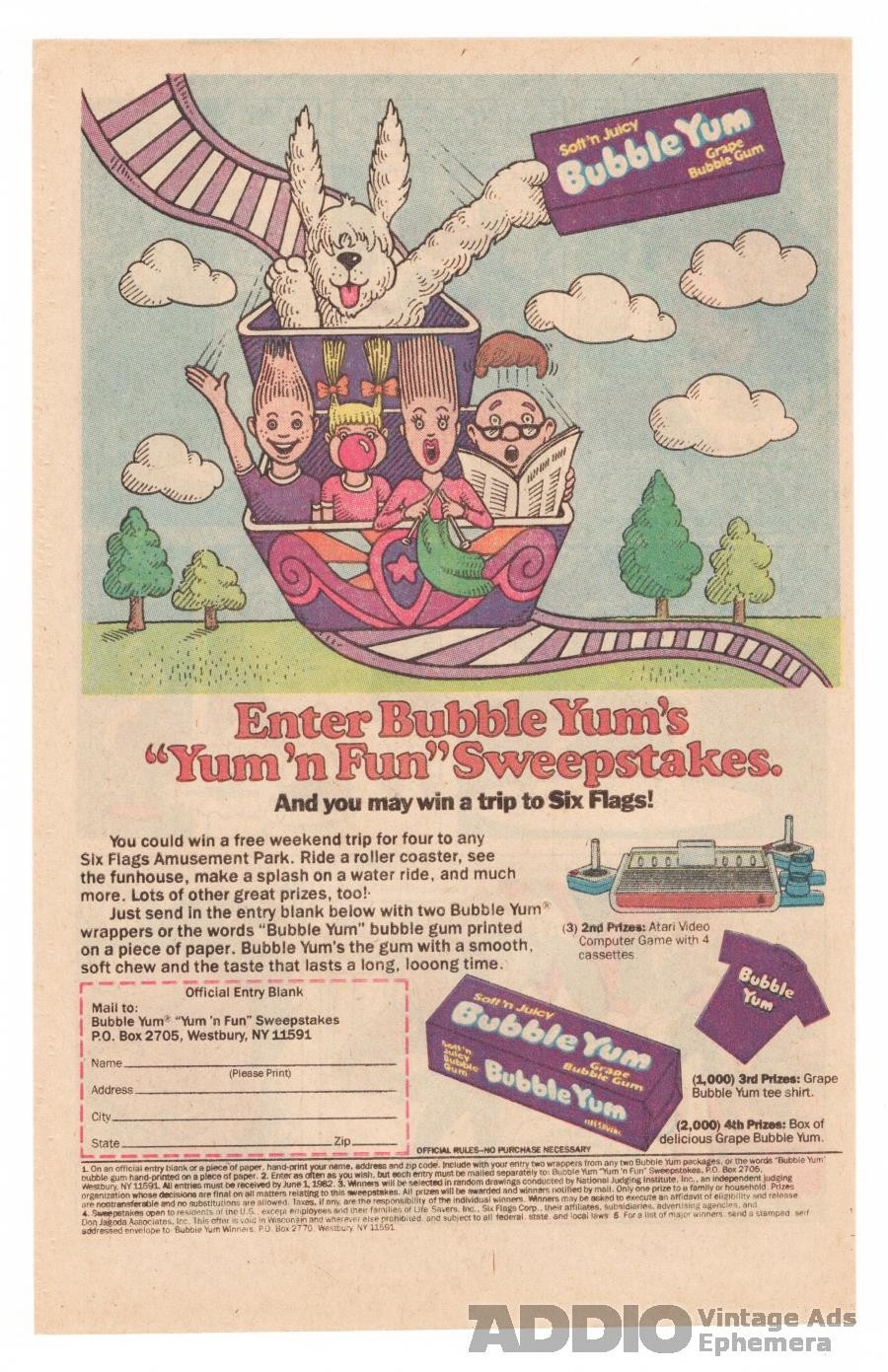 Bubble Yum 1982 PRINT AD Six Flags sweepstakes grape gum roller coaster Atari