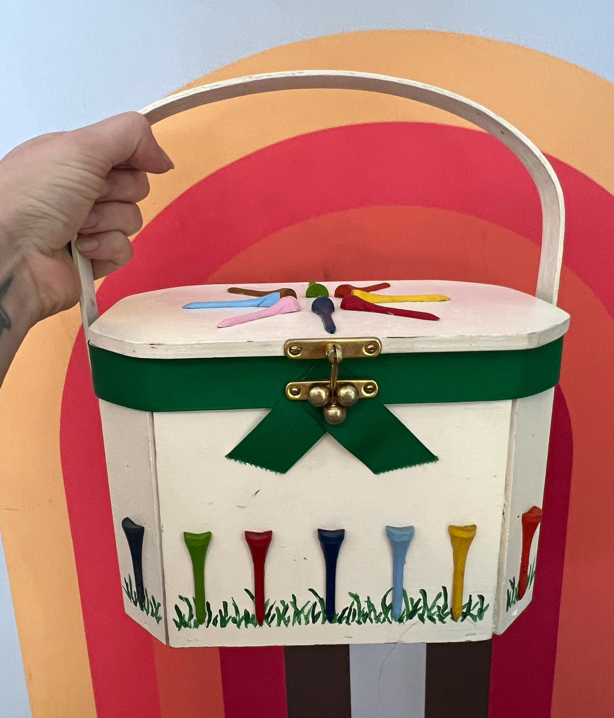 Rare vintage 60s golf tee themed wooden purse sewing basket