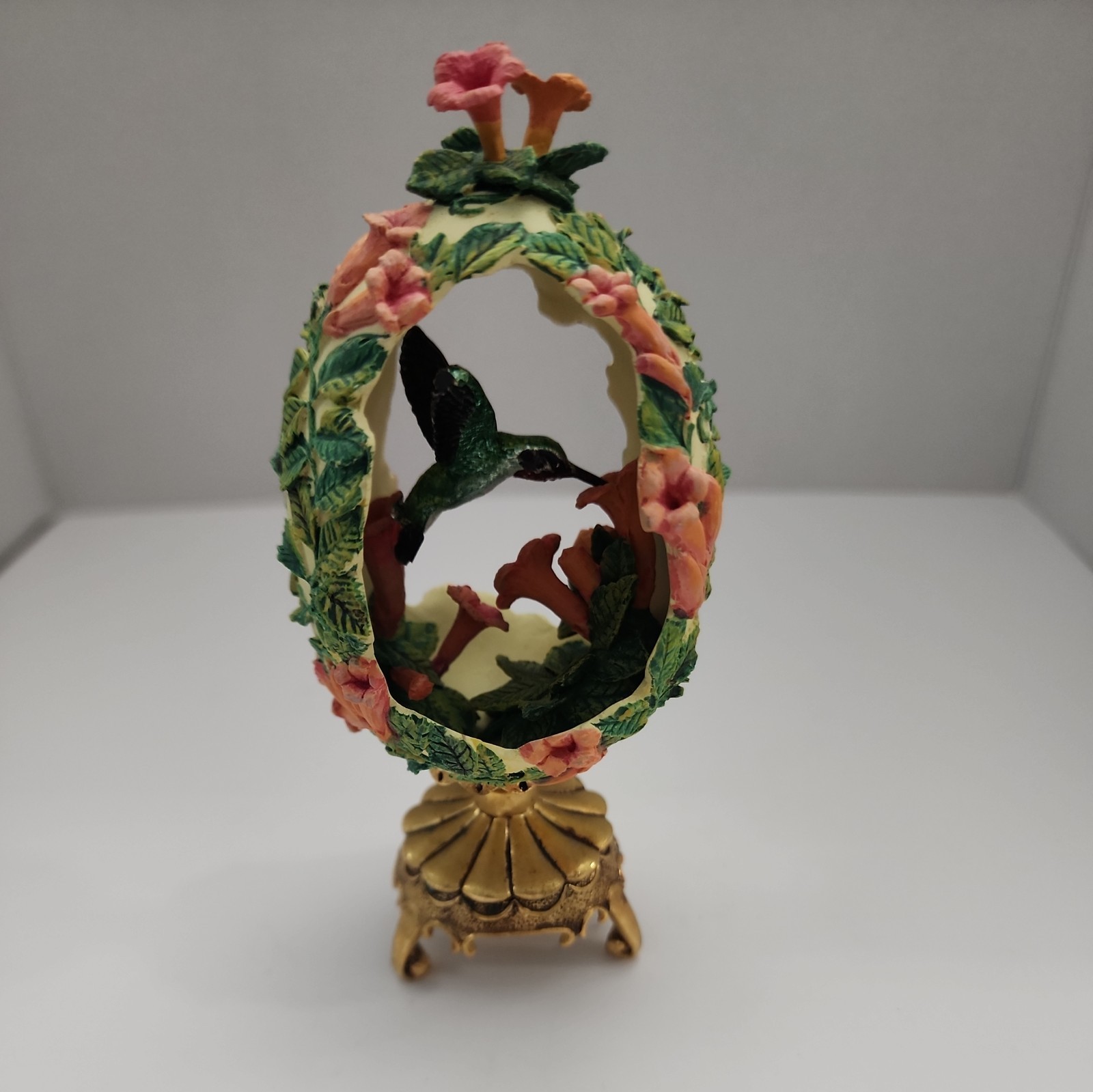 Franklin Mint HOUSE OF FABERGE Floral Egg Figurine w/Hummingbird & Stand Vintage