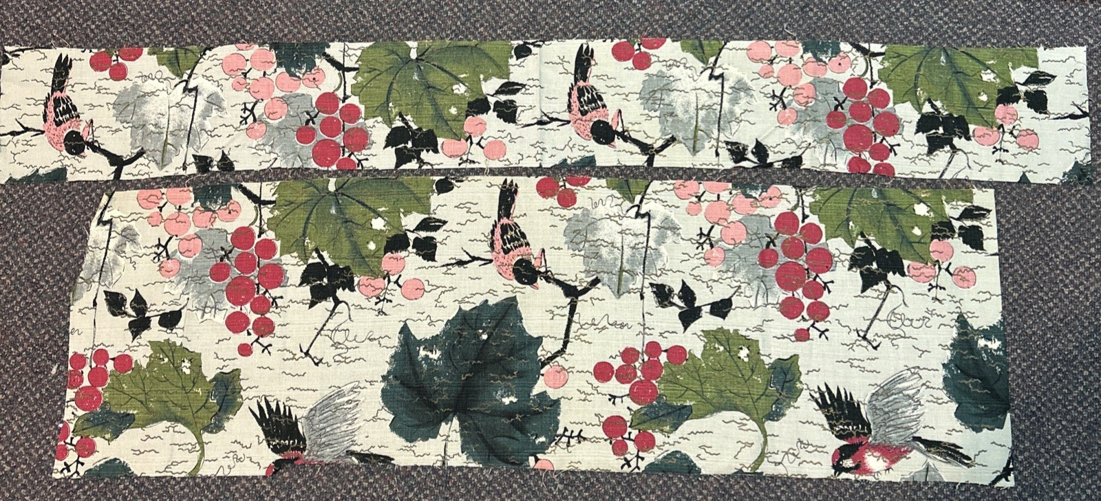2 Vintage Floral & Bird Pattern Barkcloth Fabric Scrap 46x6 & 38x12 Unused