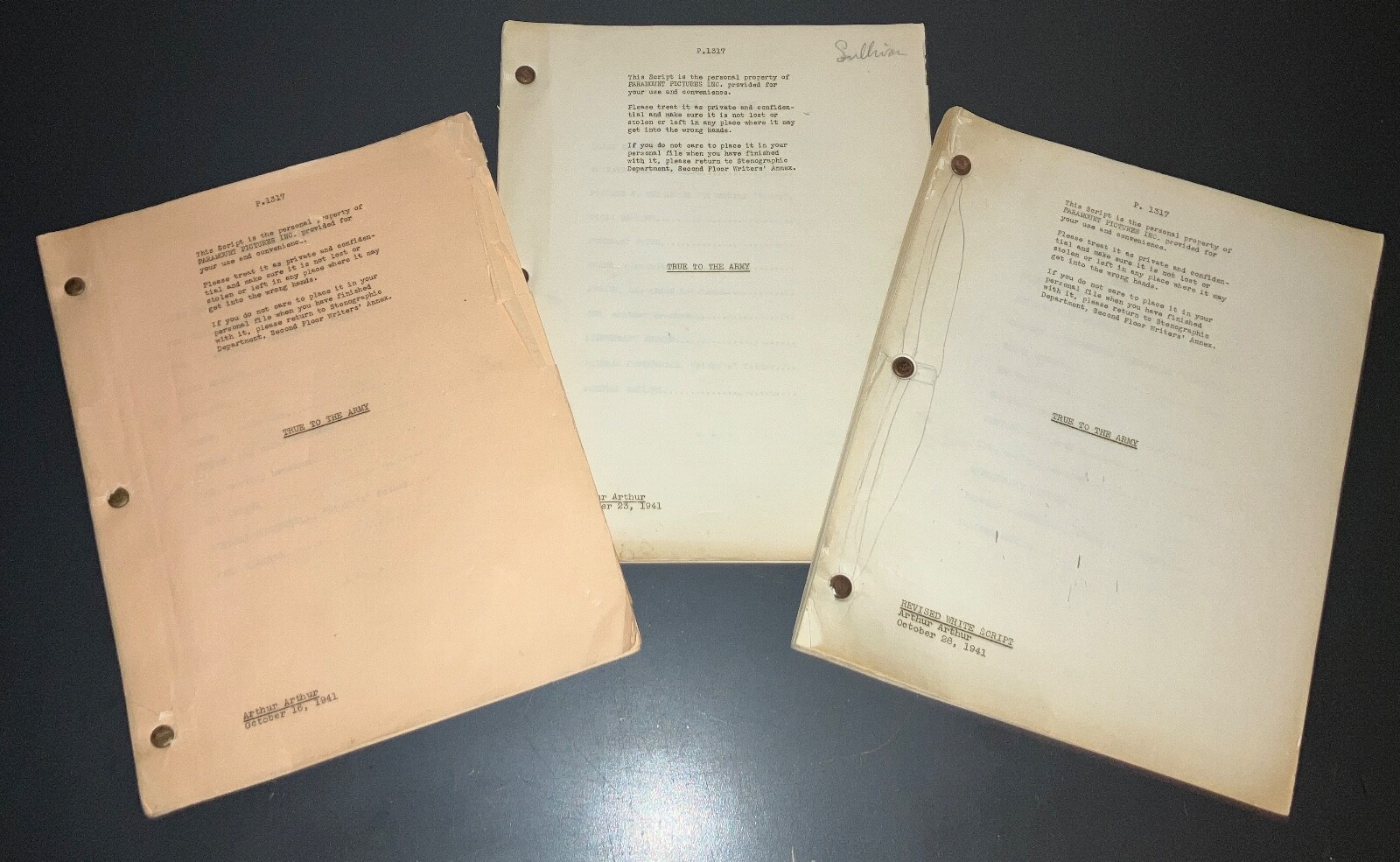 TRUE TO THE ARMY 1941 Original Paramount Movie Script Sequence Drafts COA