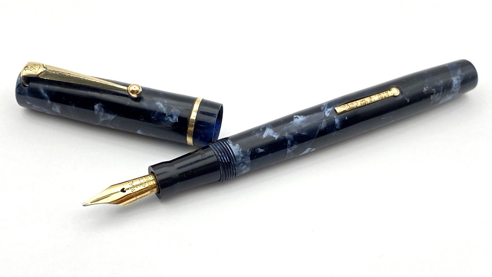 VINTAGE MABIE TODD SWAN FOUNTAIN PEN BLUE MARBLE FLEXIBLE 14K GOLD MEDIUM NIB