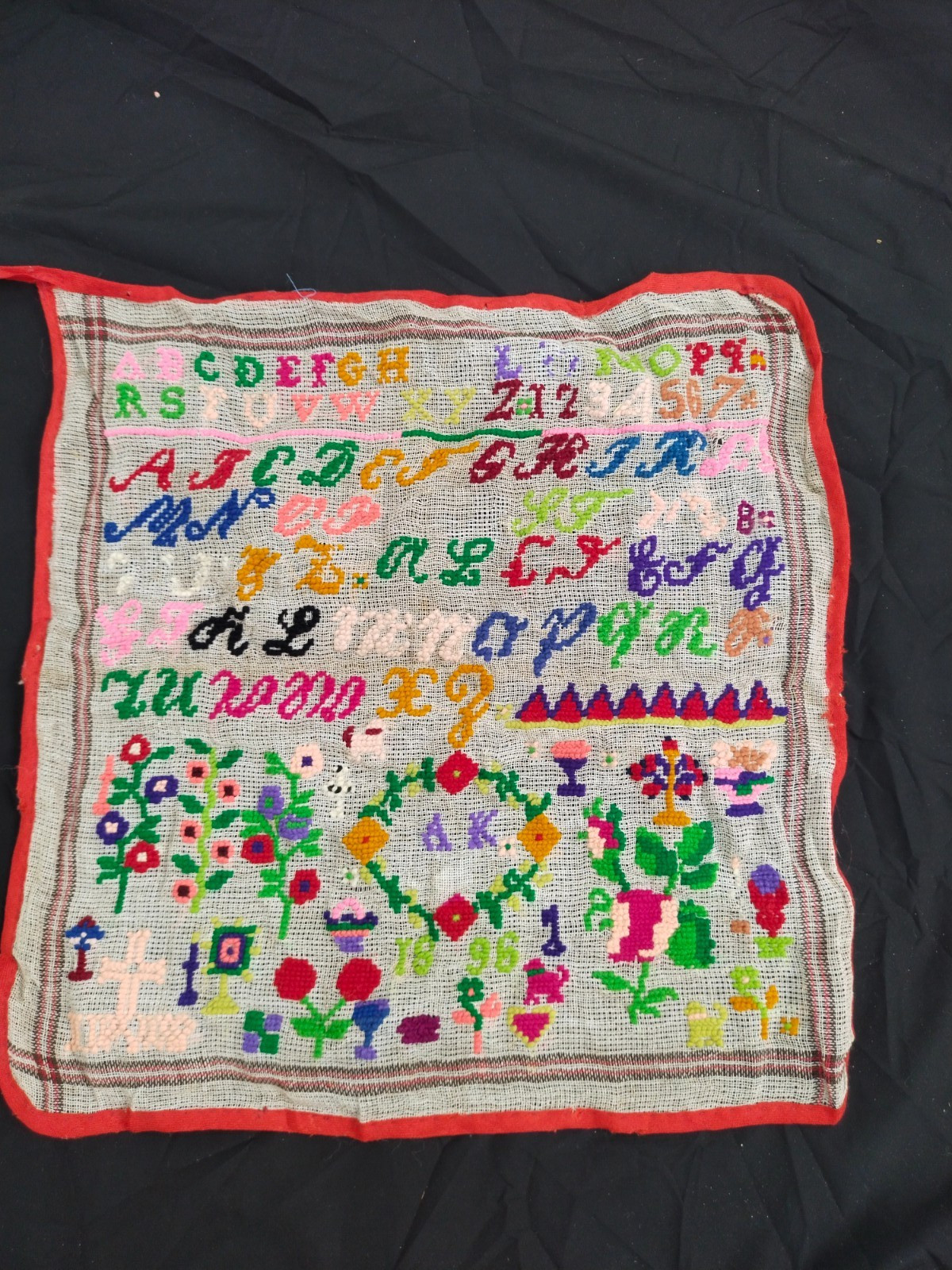 Vintage Hand Stitched Alphabet Sampler Numbers Floral Wreath Textile Folk Art