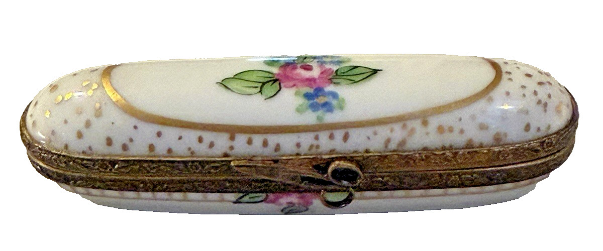 LIMOGES PEINT MAIN Trinket Box-Needle Case-Rose Floral/Scissors*Thank You* Merci