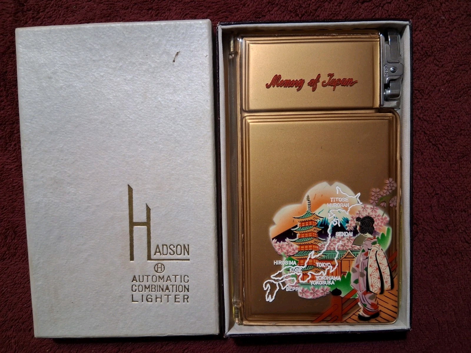 Vintage New Gold Tone Memory of Japan Cigarette Case & Lighter Militaria