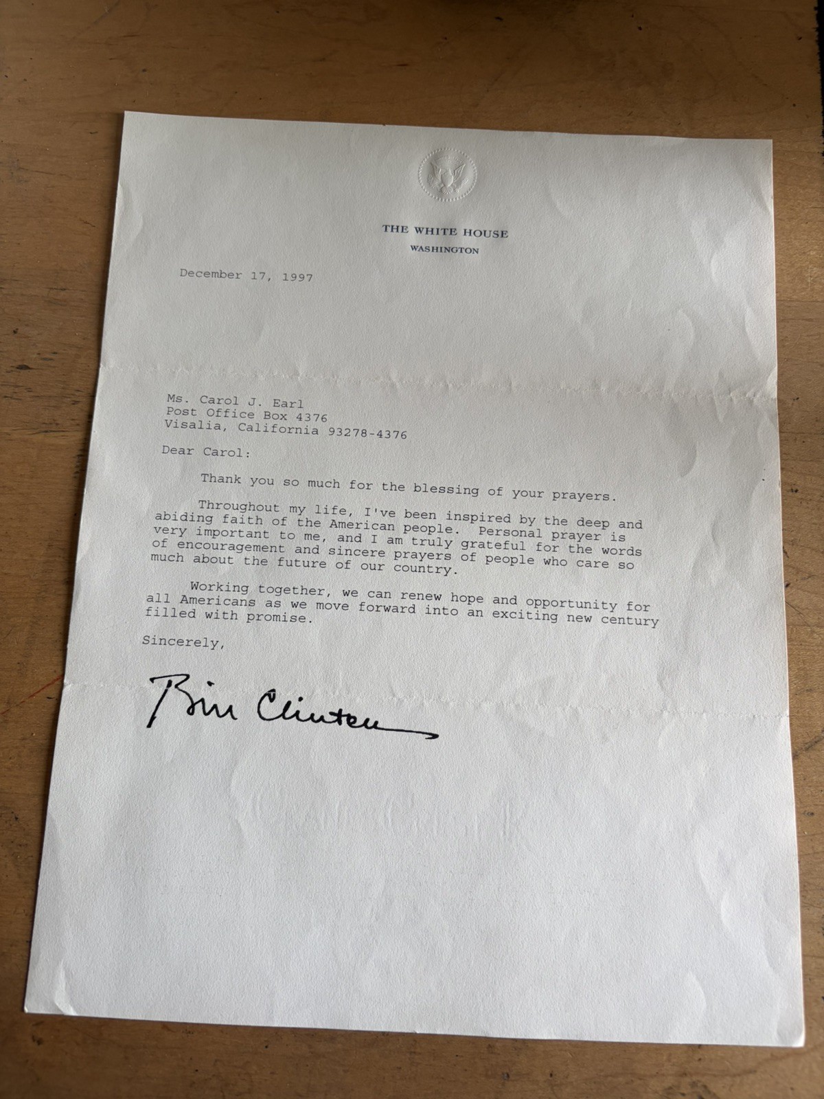 December 1997 President Bill Clinton signed personal letter