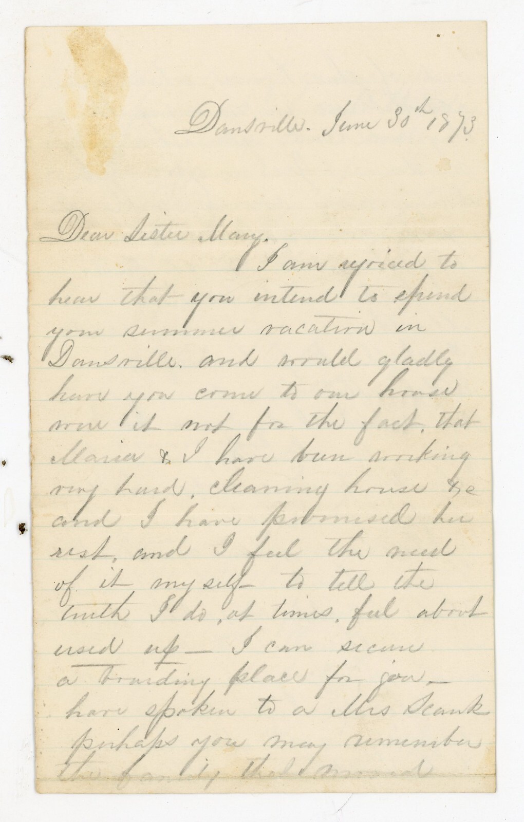 1873 Handwritten Letter from Dansville NY – Family Health & Summer Plans Signed