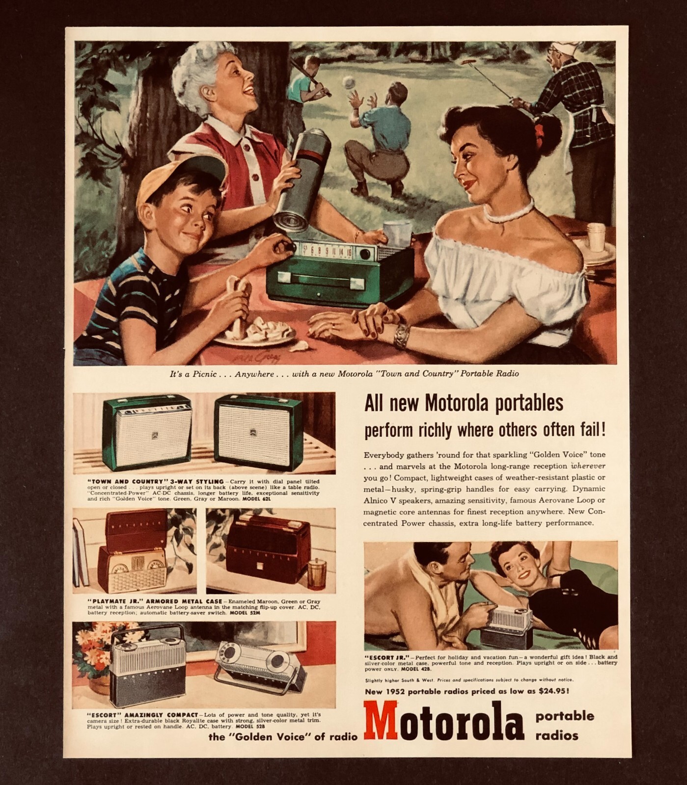 1952 Motorola Portable Radios Advertisement Family Picnic Baseball Vtg Print AD