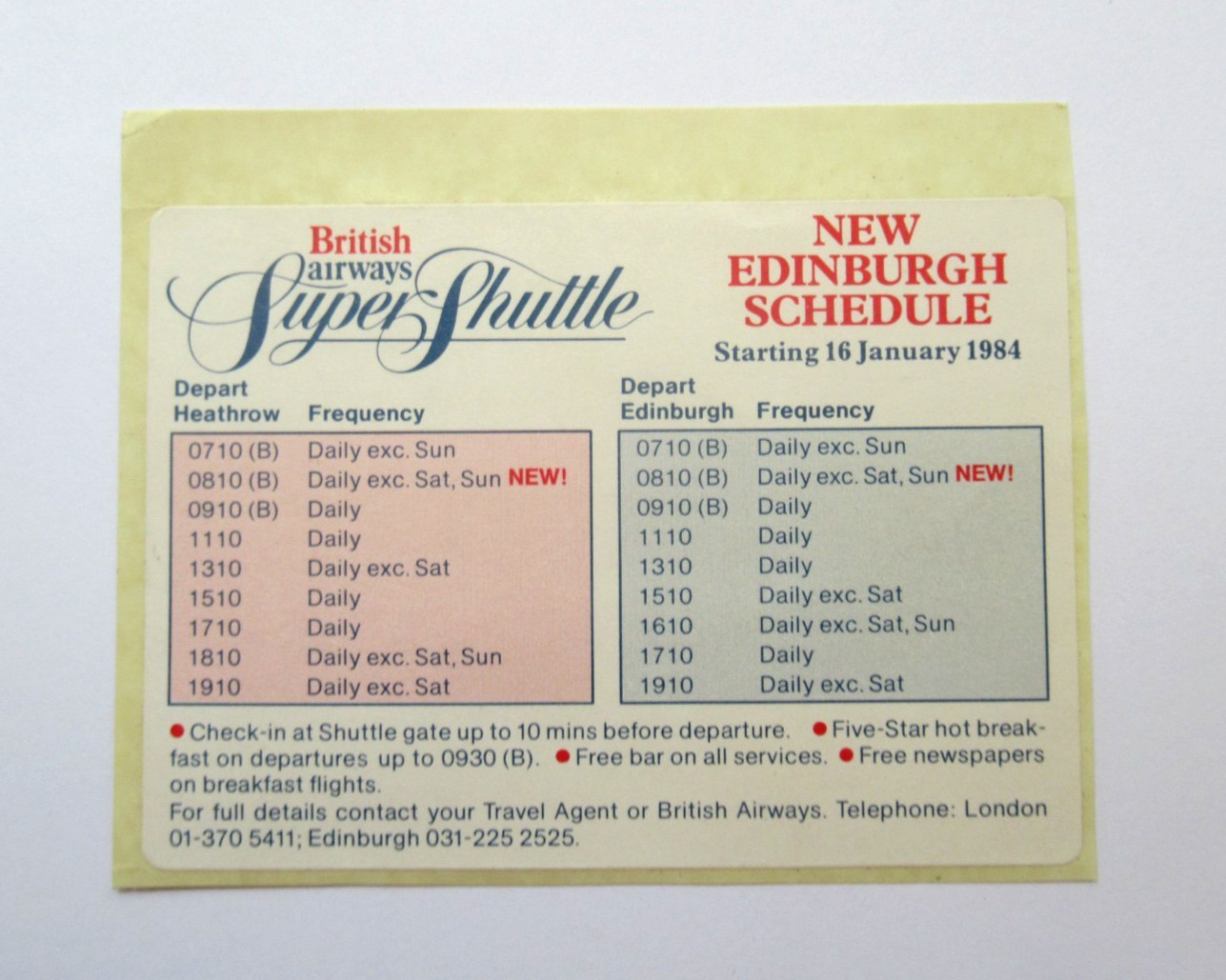 Vintage 1984 British Airways Super Shuttle Flight Timetable Card Edinburgh