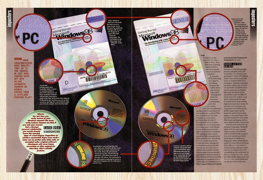 1998 Microsoft Windows 98 Spotting Counterfeit Software Original Ad v5