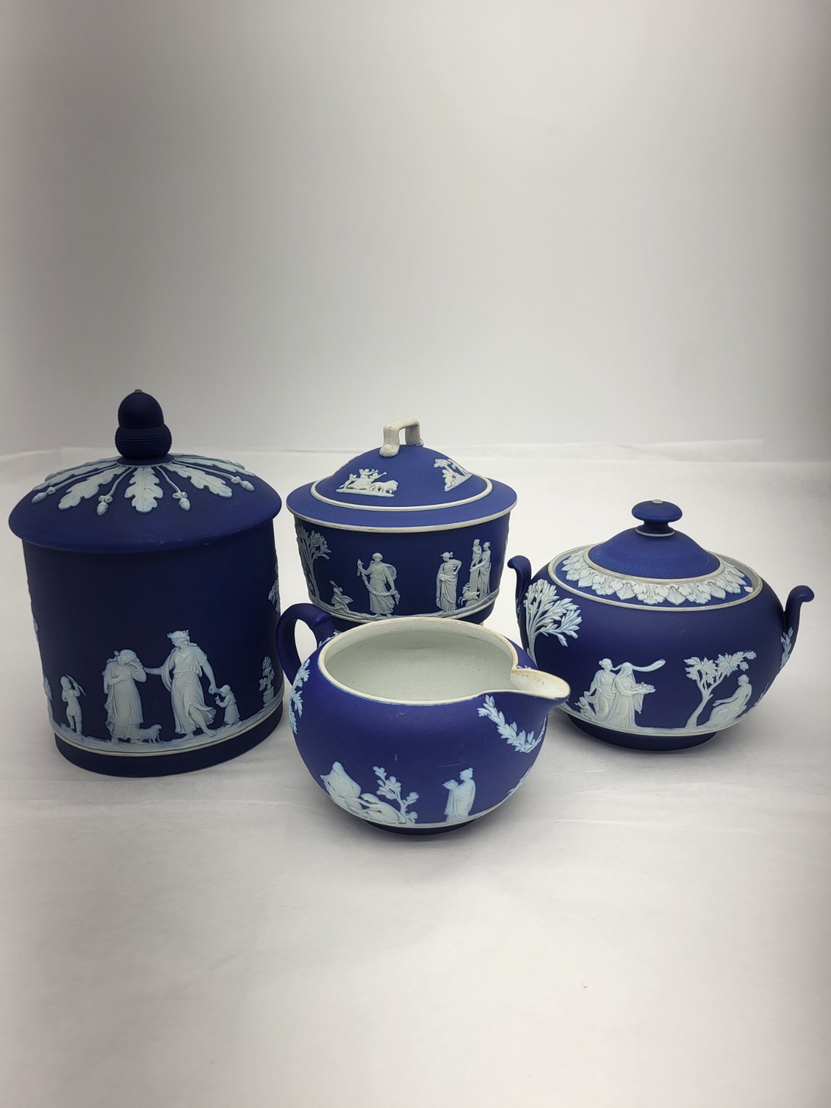 Wedgwood Jasperware 1891-1908 Cobalt Oxide Butter, Cream, Sugar, Biscuit Jars