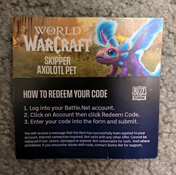 Blizzard World of Warcraft Skipper Axolotl Pet Card BlizzCon 2026 Rare Exclusive