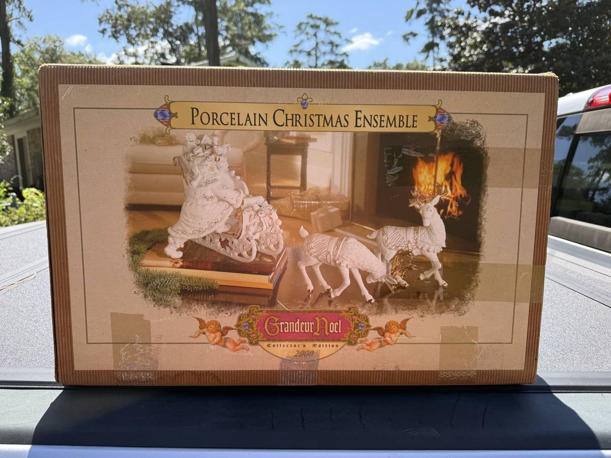 Vintage 2000 Grandeur Noel Porcelain Christmas Ensemble Santa/Sleigh/Reindeer