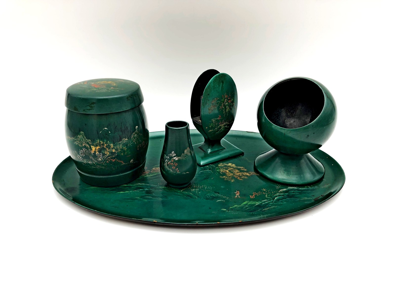 Vintage Chinese Smoking Set Papier Mache Matchbox Ashtray Collectible China 1957