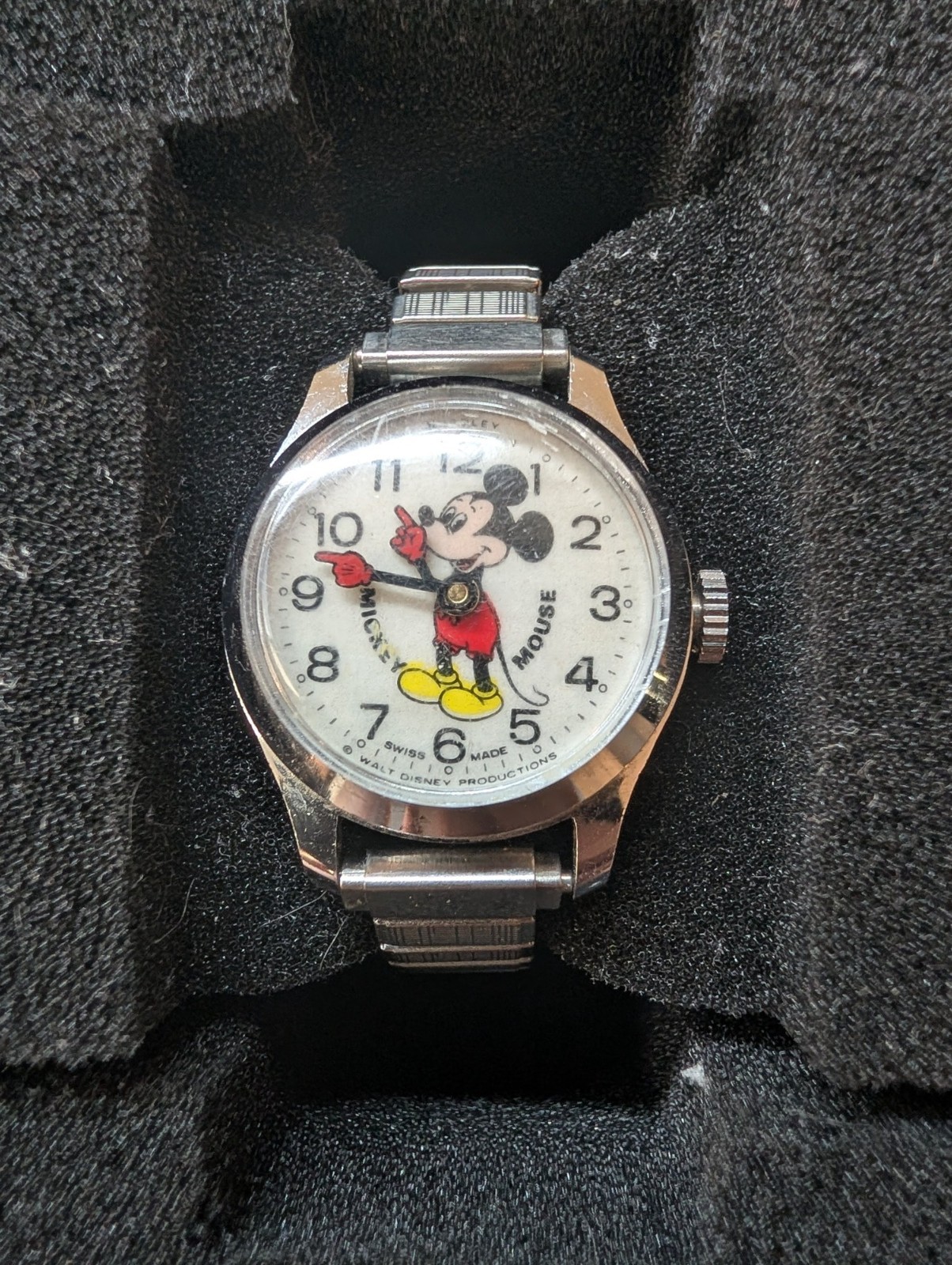 Vintage Bradley Mickey Mouse Wind Up Watch Swiss Made Chrome Expansion Band Runs