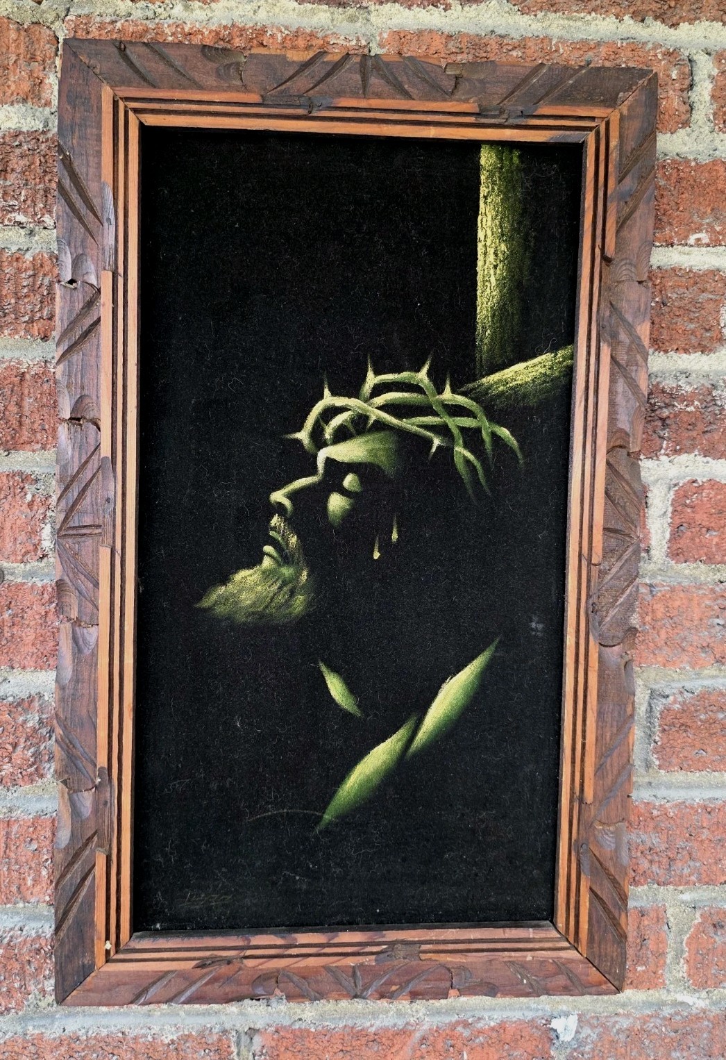 Jesus Christ Crown of Thorns Art Wooden Frame Vintage  Velvet Painting 23\